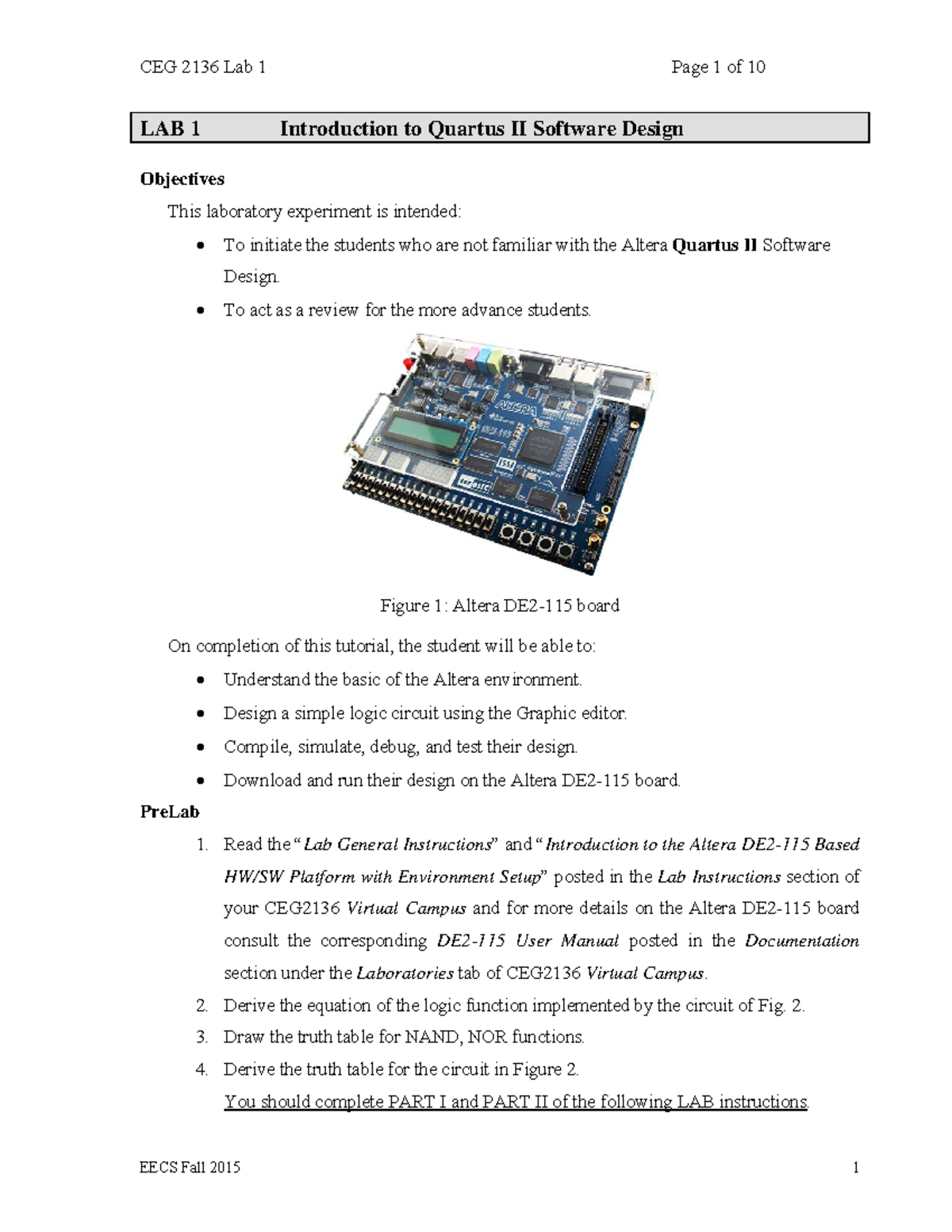 Lab 01 - Tutorial 1 - LAB 1 Introduction to Quartus II Software Design ...