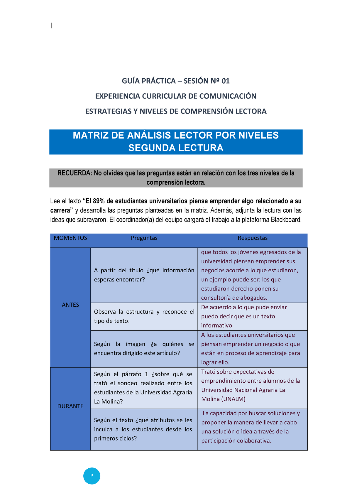 Matriz DE Análisis Lector - Segunda Lectura - | P GUÍA PRÁCTICA ...