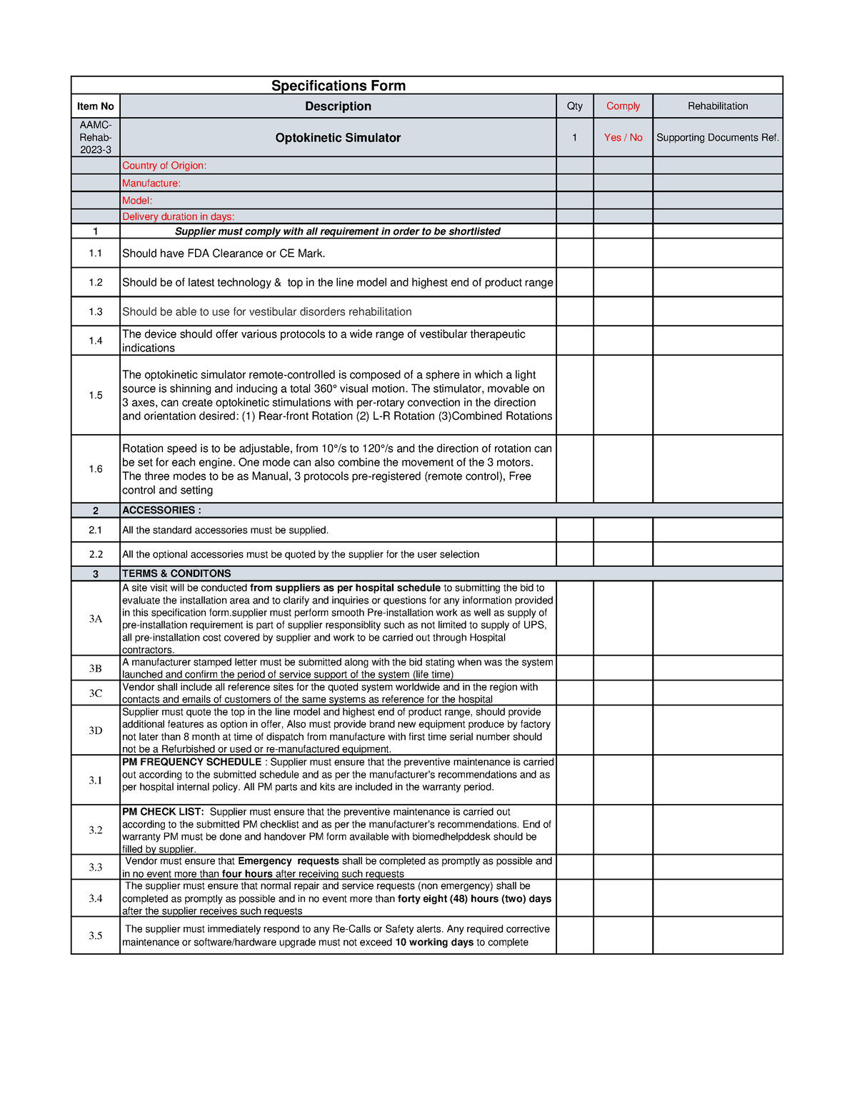 3. Opto Kinetic Simulator - Specifications Form Item No Description Qty ...