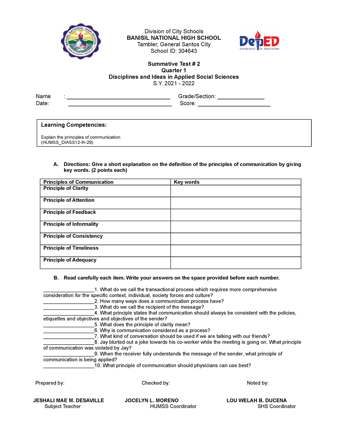 Q1-Summative-Test-2 Diass - Division of City Schools BANISIL NATIONAL ...