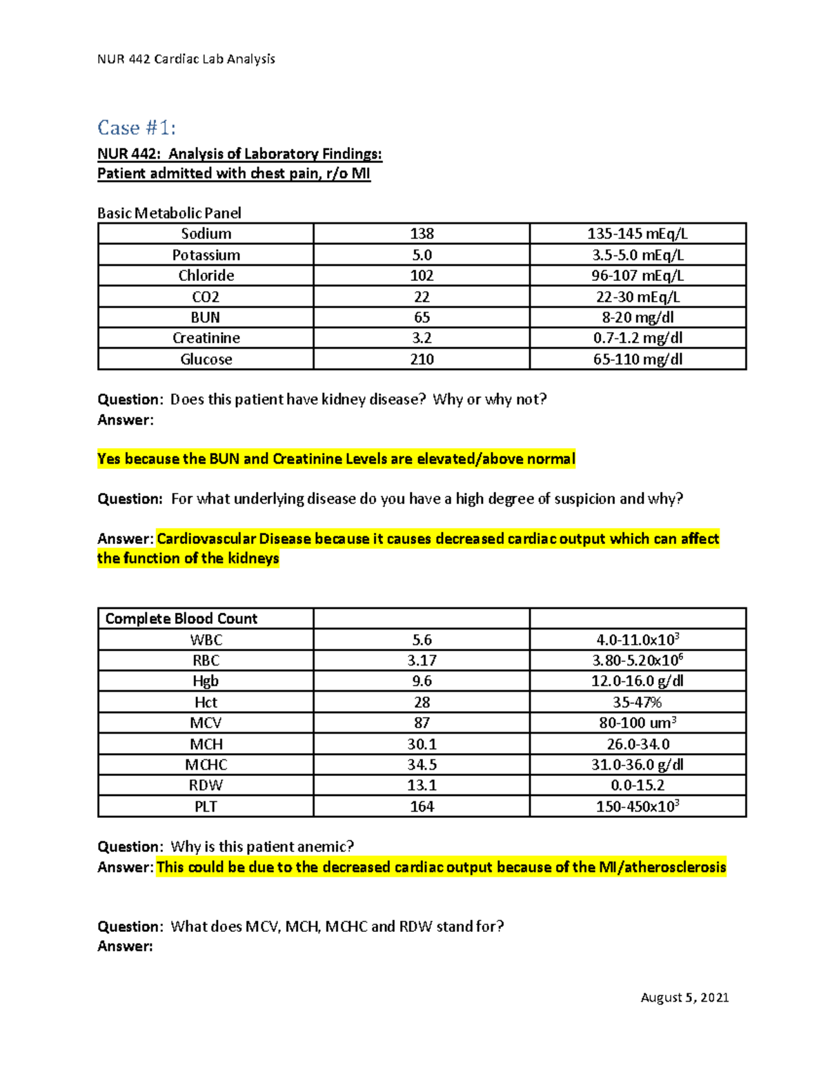 Lab Analysis Cardiac - Case #1: NUR 442: Analysis of Laboratory ...