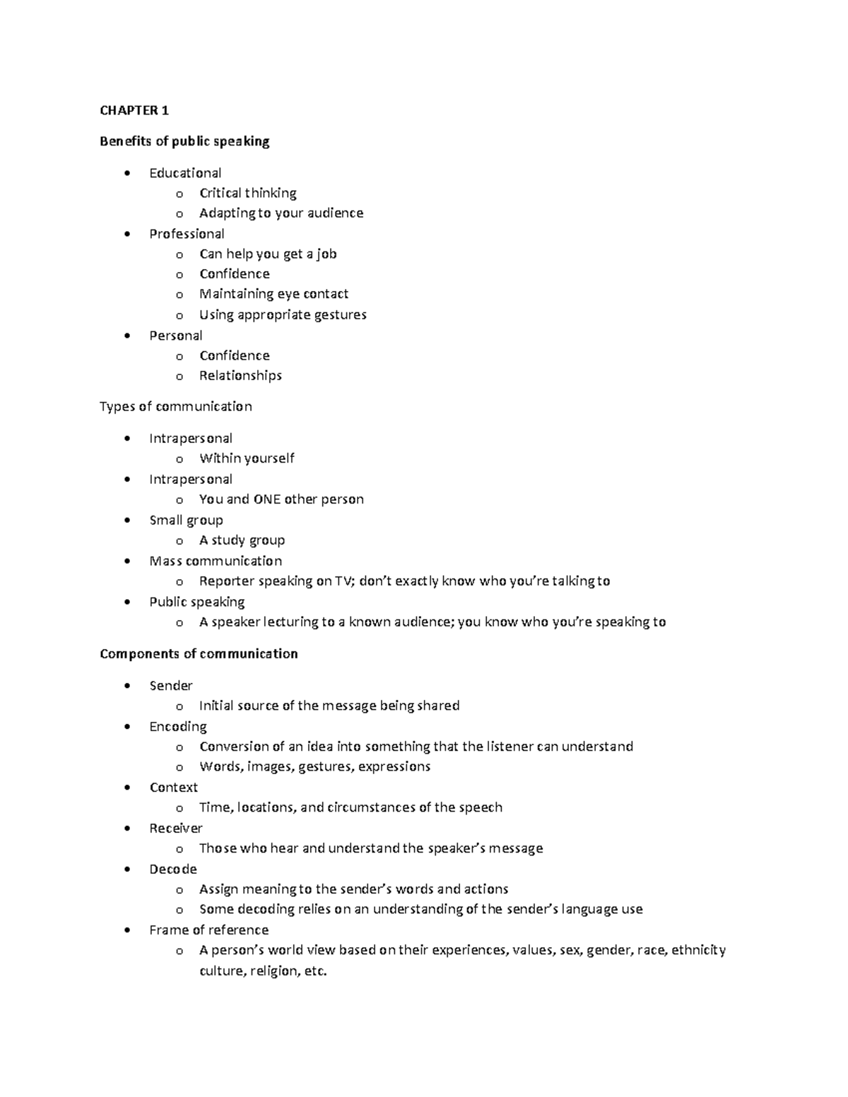COM 101 Notes - CHAPTER 1 Benefits of public speaking Educational o ...