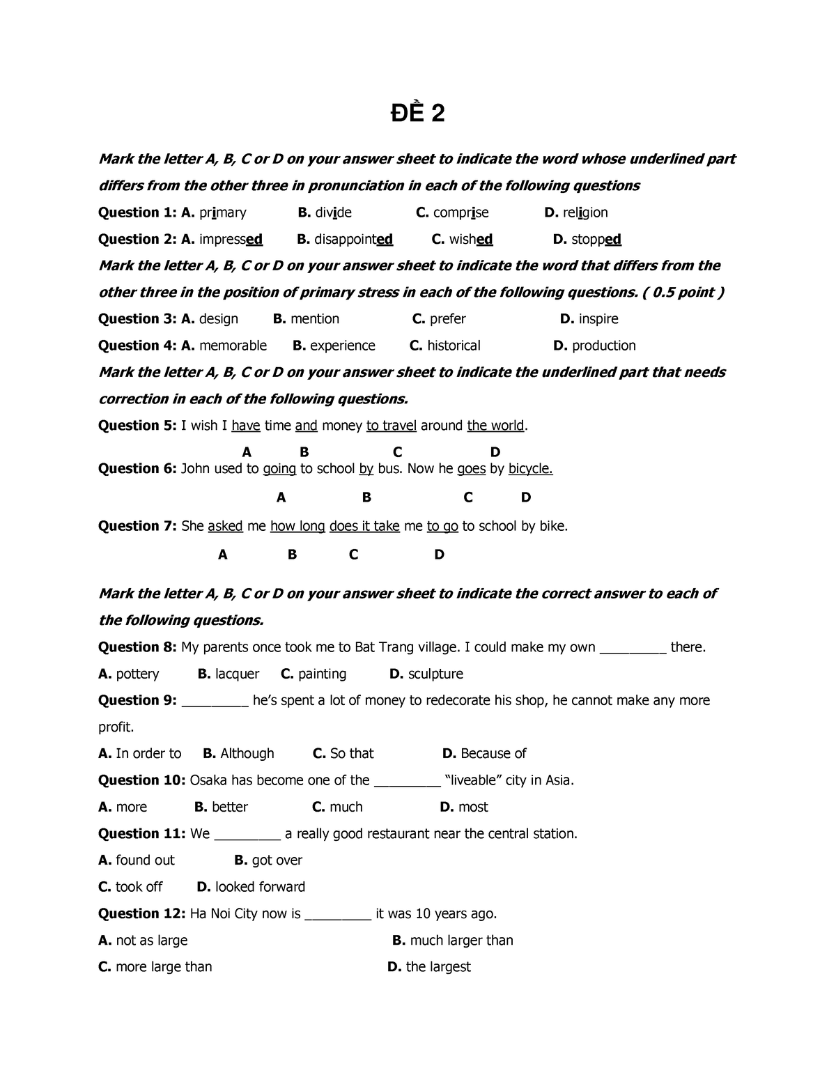 ĐỀ 2 - Good - ĐỀ 2 Mark The Letter A, B, C Or D On Your Answer Sheet To ...