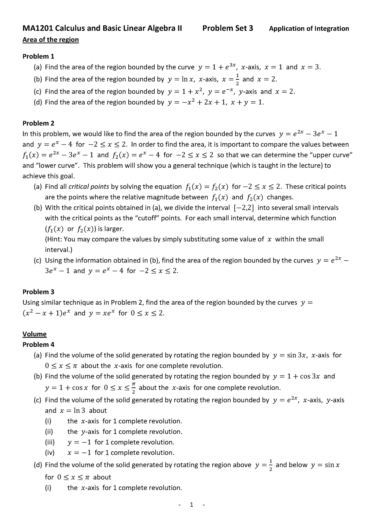 Problem Set 3 Integration Application - MA1201 Calculus And Basic ...