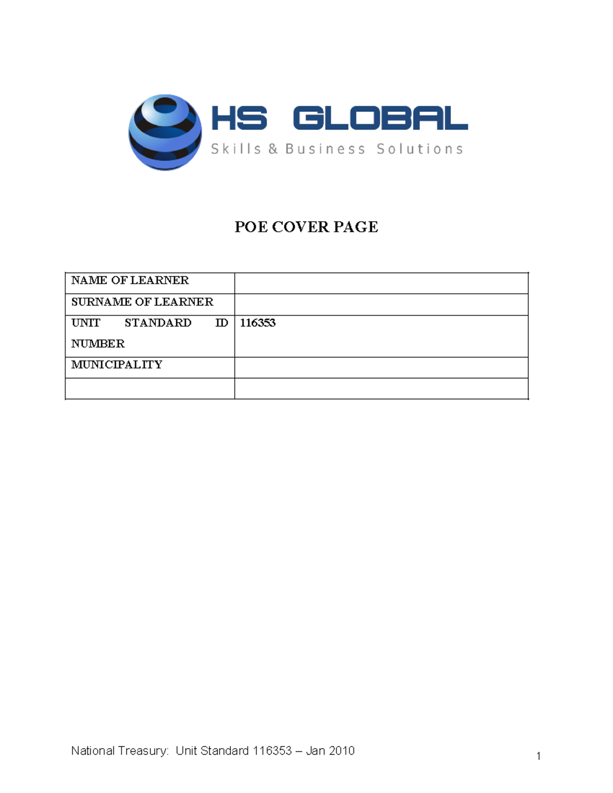 POE 116353 Jan 2013 HS Global - POE COVER PAGE NAME OF LEARNER SURNAME ...