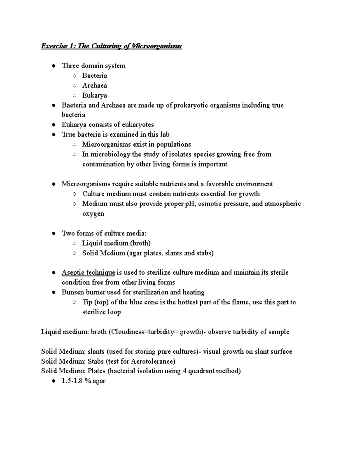 Microbiology Test 1 - test 1 notes - Exercise 1: The Culturing of ...