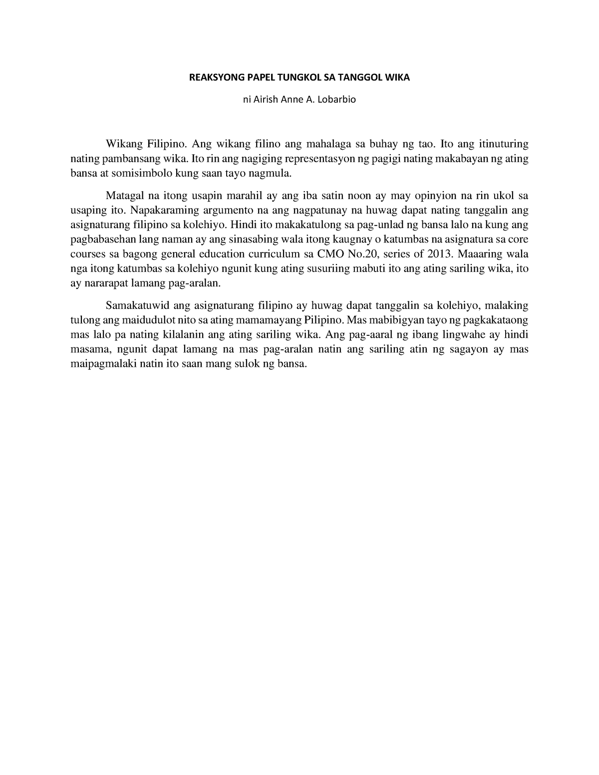 Filipino Reaksyong Papel Reaction Paper Luigi Castillo Ikatlong Halimbawa Ng Tungkol Sa 3874