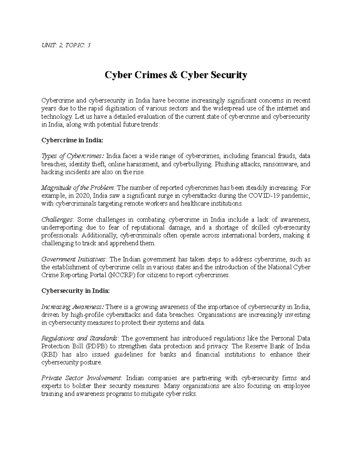 Cyber Crimes & Cyber Security - UNIT: 2, TOPIC: 3 Cyber Crimes & Cyber ...