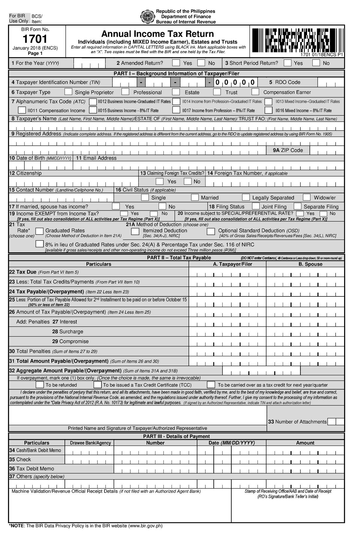 1701 Jan 2018 Encs - Notes - BIR Form No. 1701 January 2018 (ENCS) Page ...