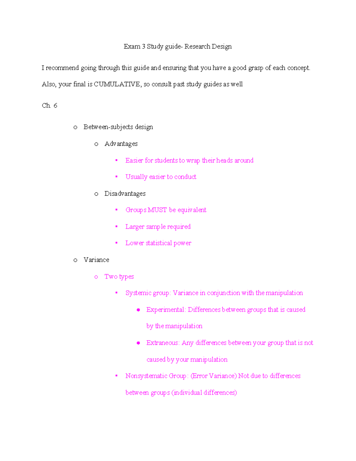 Exam 3 Study Guide - Exam 3 Study guide- Research Design I recommend ...