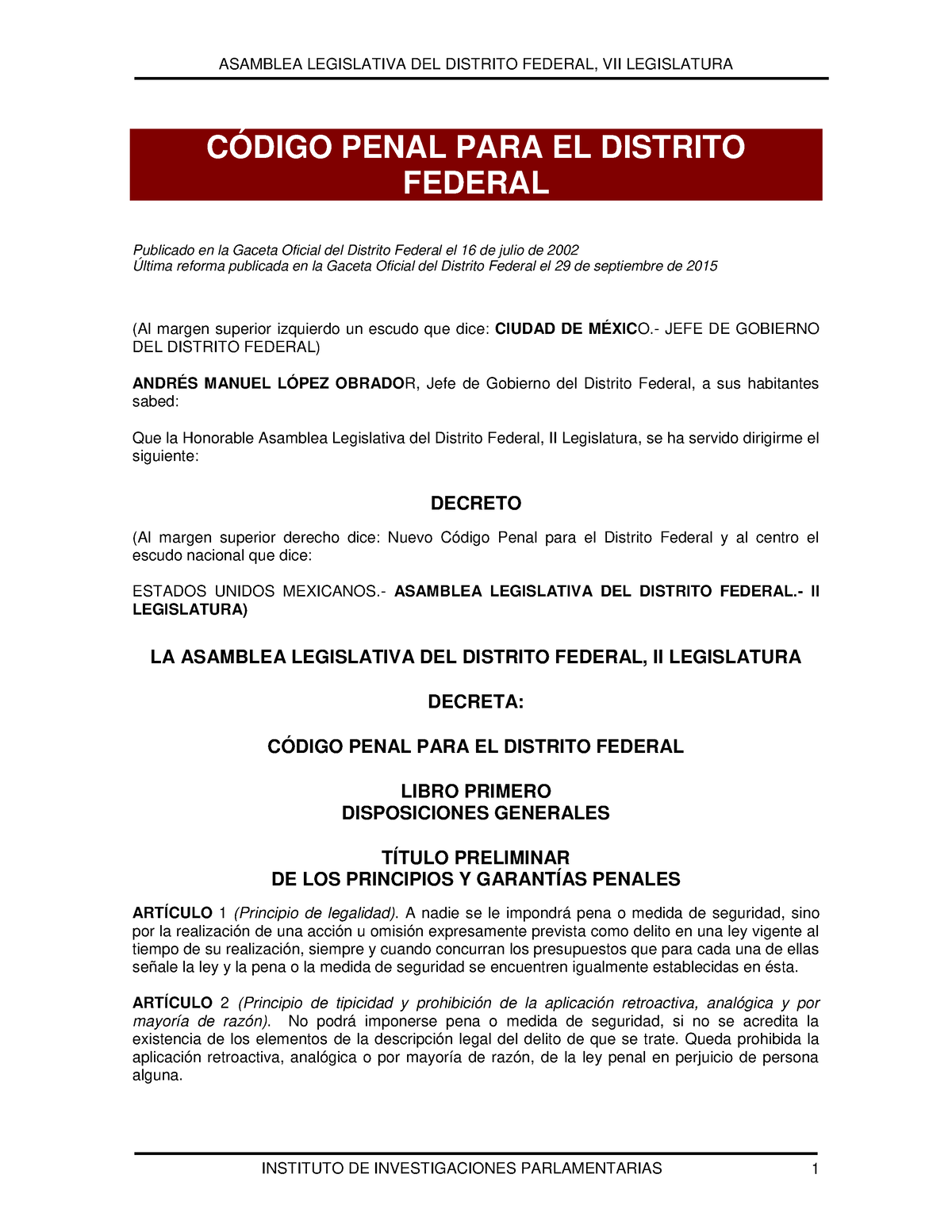 CPDF derecho penal CÓDIGO PENAL PARA EL DISTRITO FEDERAL Publicado