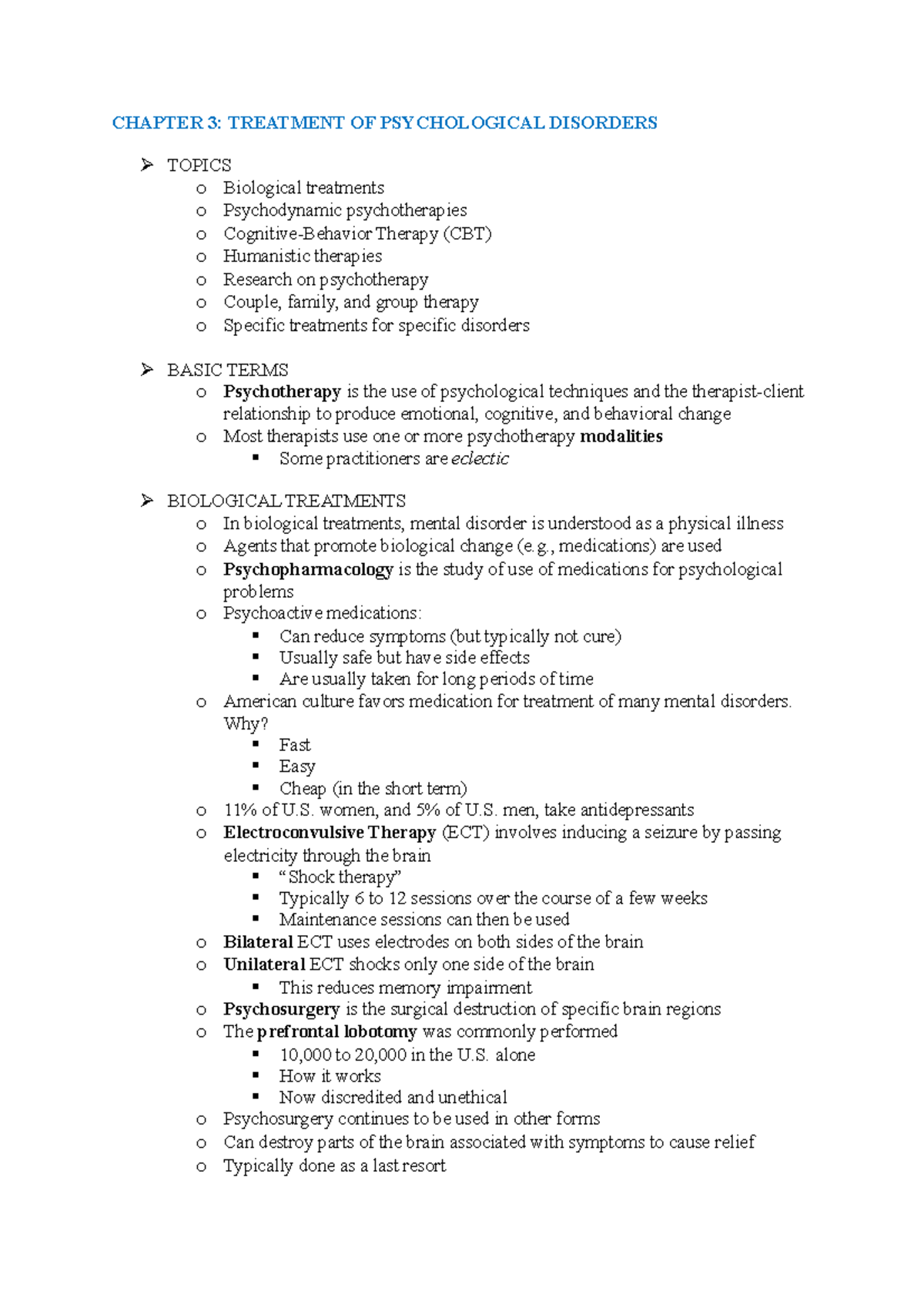 Chapter 3 - Lecture notes 6-7 - CHAPTER 3: TREATMENT OF PSYCHOLOGICAL ...