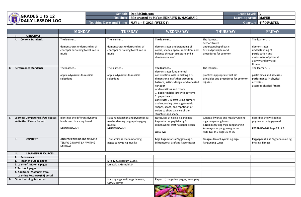 DLL Mapeh 5 Q4 W1 - fffff - GRADES 1 to 12 DAILY LESSON LOG School ...