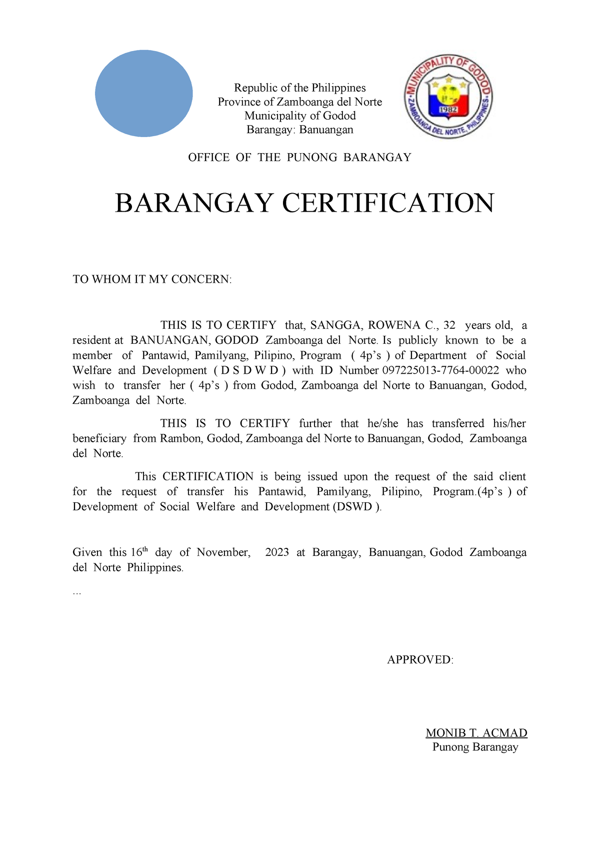 Barangay Certification (Transfer 4p's) - Republic of the Philippines ...