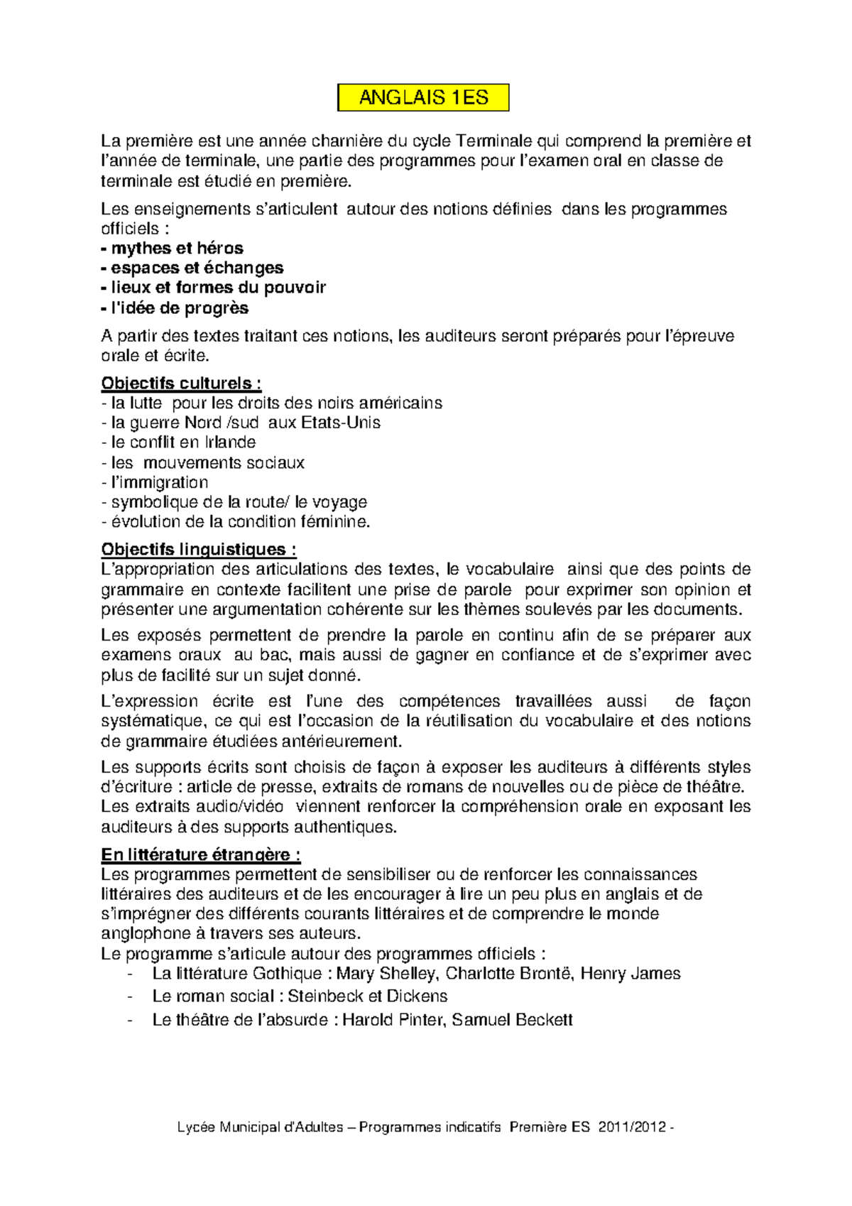 Programme anglais 1ES notes Lycée Municipal d’Adultes Programmes indicatifs Première ES