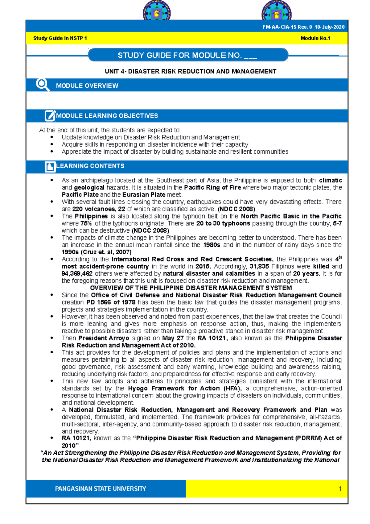 Study Guide 4 Disaster Risk Reduction and Management Part 1 - UNIT 4 ...