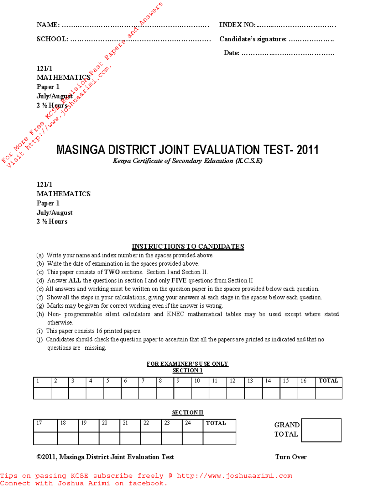 2011 Masinga District Mathematics Paper 1 - ©2011, Masinga District ...