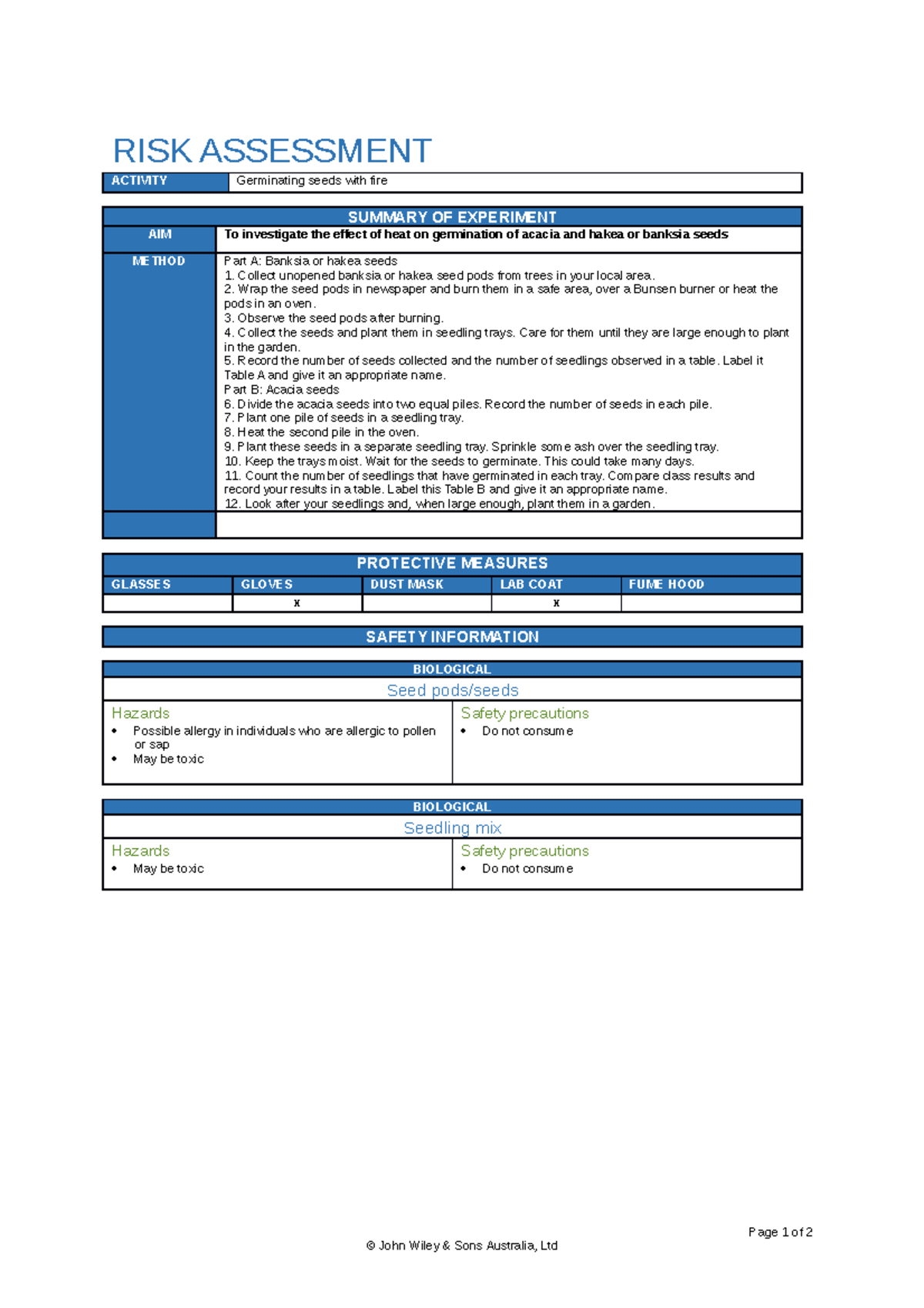 Risk Assessment example 1 - RISK ASSESSMENT ACTIVITY Germinating seeds ...