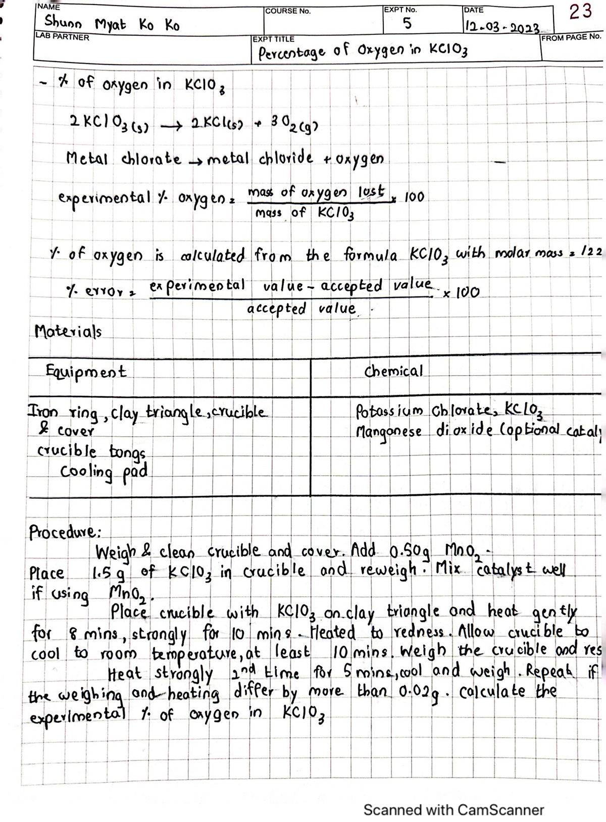 Exp 5 lab report - percent of oxygen in KCLO3 - CHEM 060 - Studocu