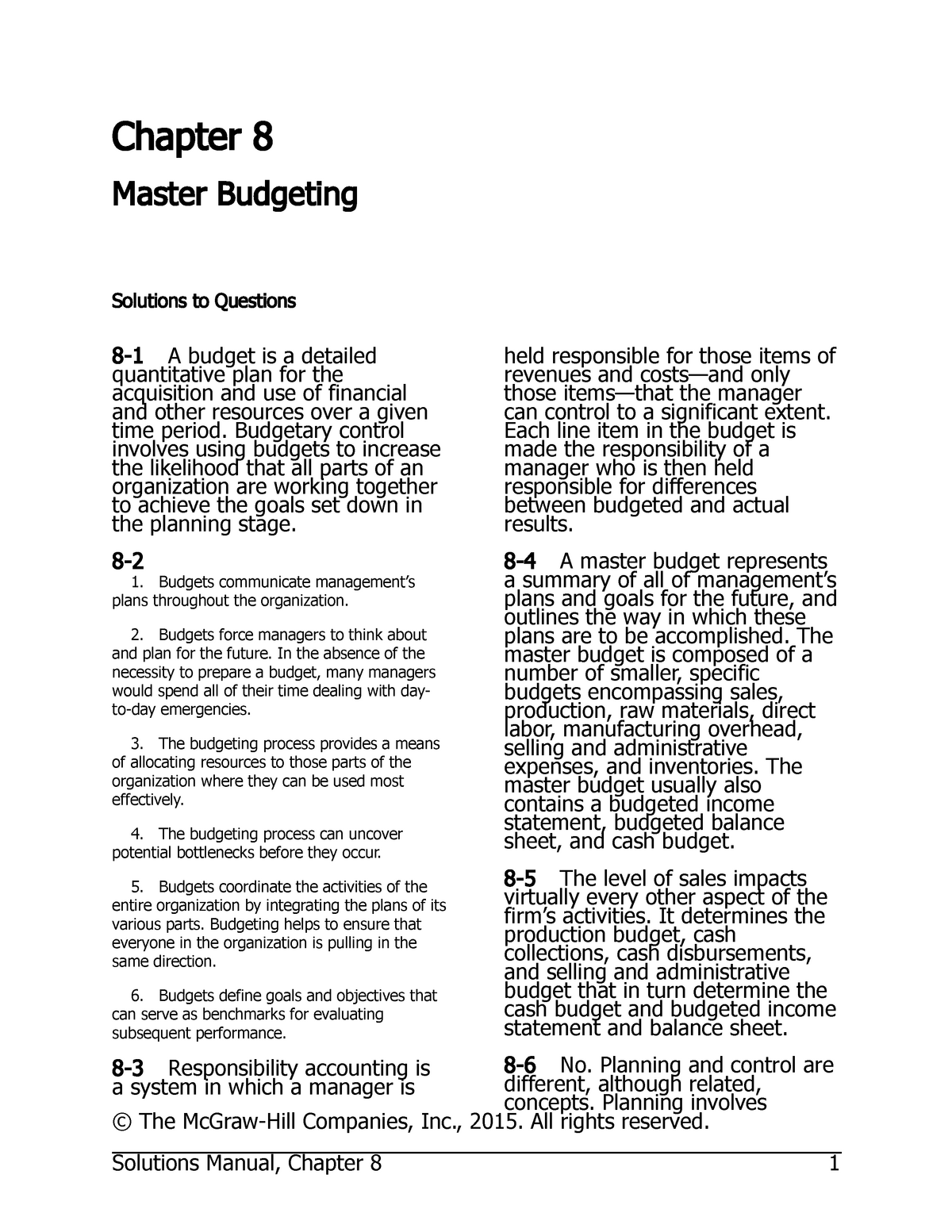 Smchap 008 - Lecture Notes 3 - Chapter 8 Master Budgeting Solutions To ...