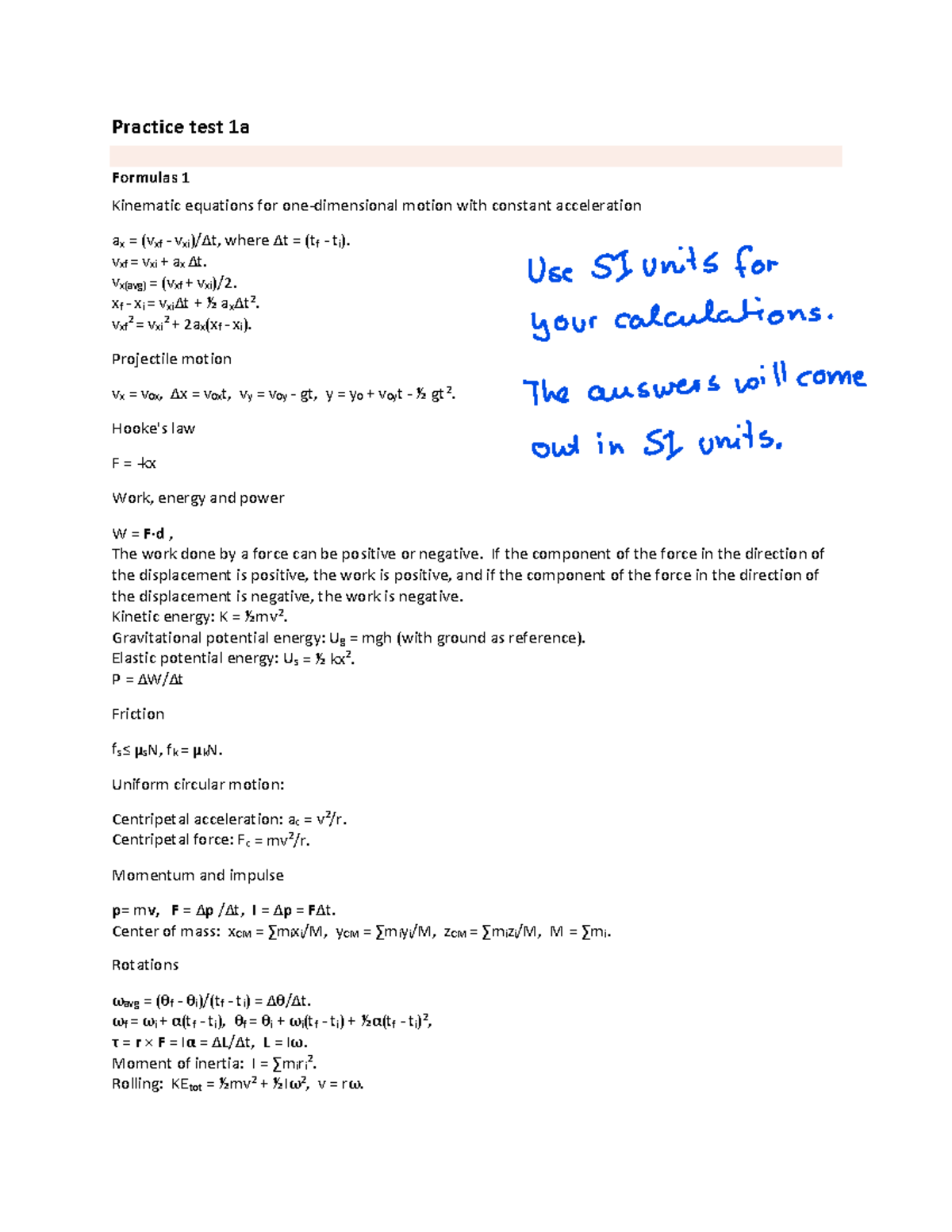 221 Practice test 1a with comments - Practice test 1a Formulas 1 ...