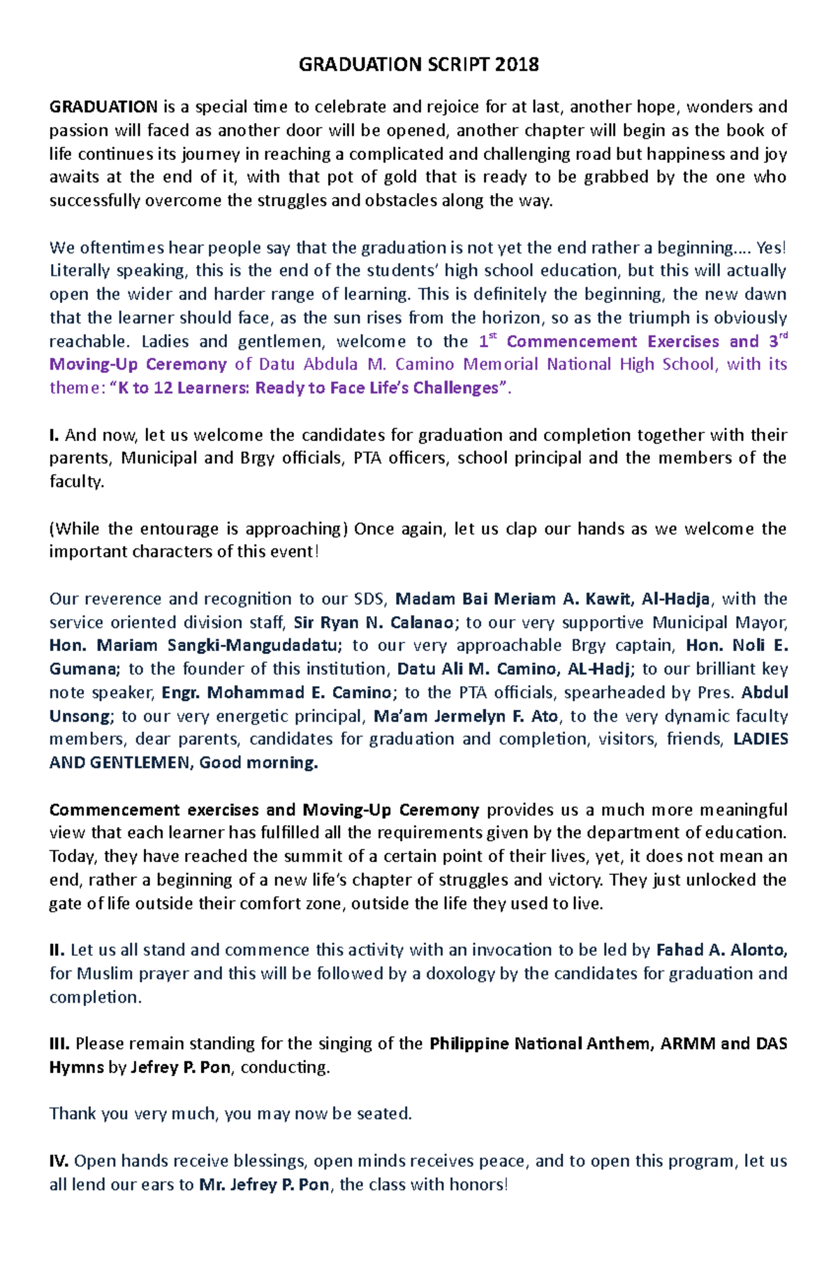 Graduation Script 2018 - GRADUATION SCRIPT 2018 GRADUATION is a special ...
