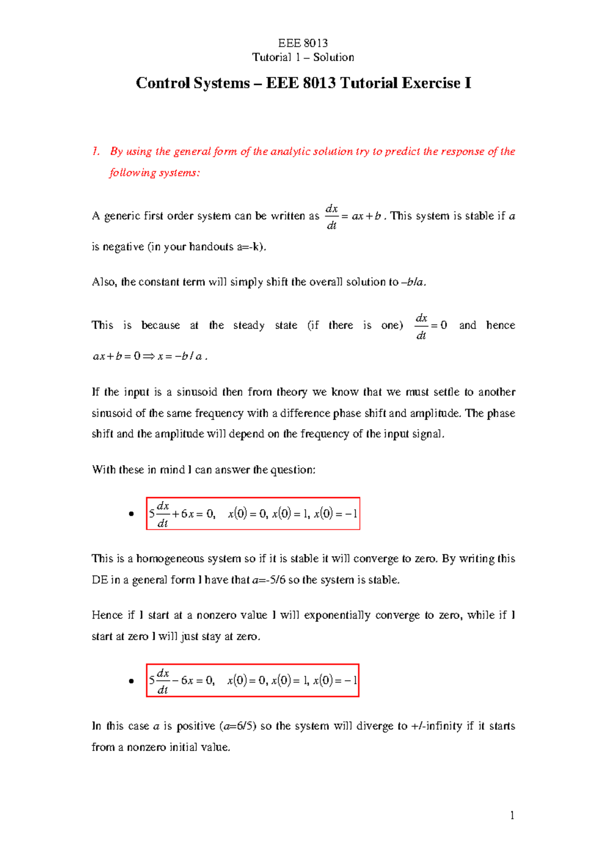 Solution of Tutorial 1 - EEE 8013 Tutorial 1 – Solution Control Systems ...