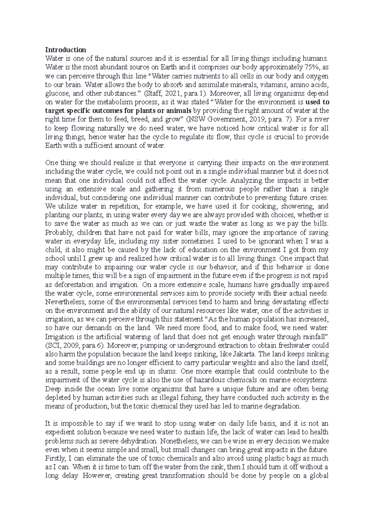 Written assignment 4 envs - Introduction Water is one of the natural ...