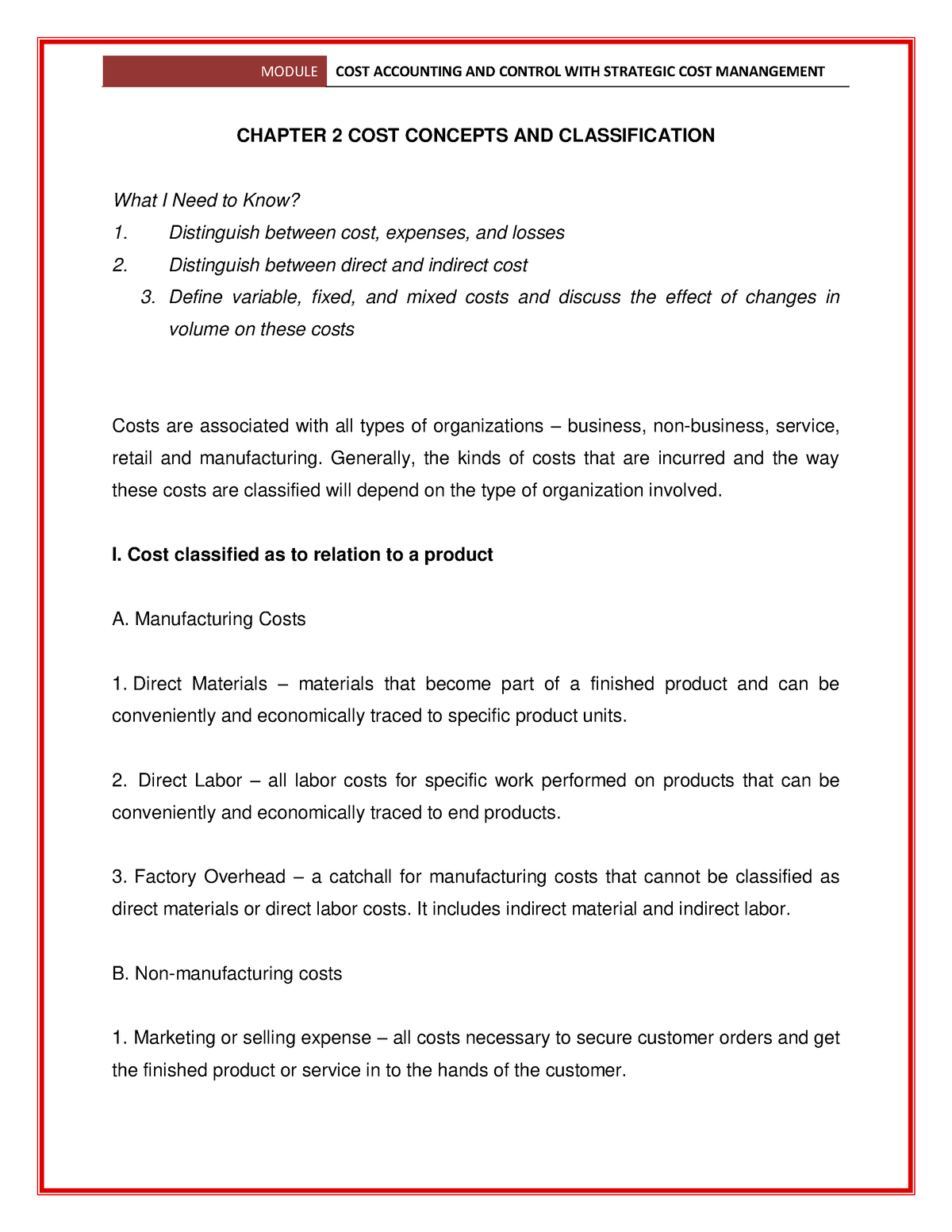 Chapter 2 COST Concepts AND Classification - CHAPTER 2 COST CONCEPTS ...