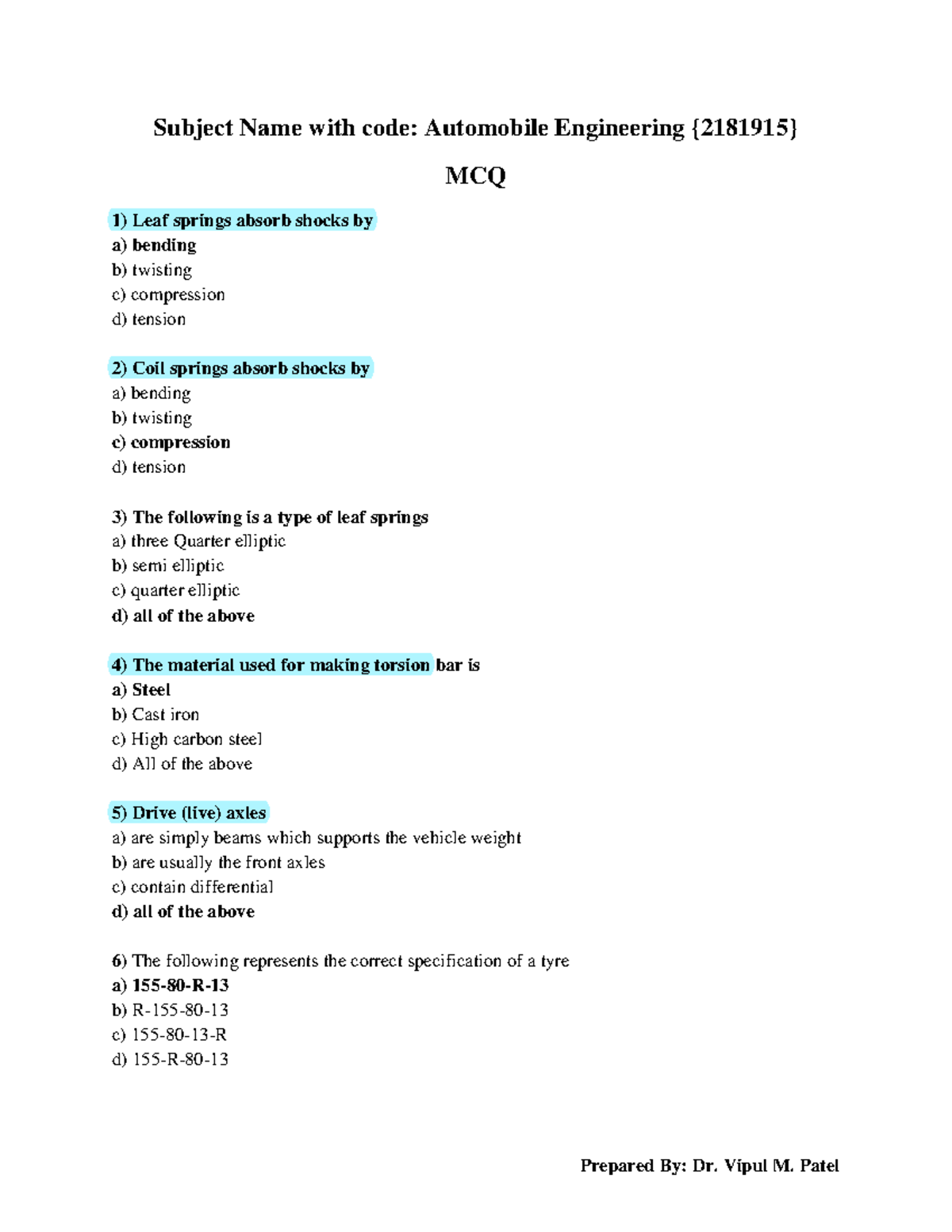 Automobile Engineering MCQ (Multiple Choice Questions) - Sanfoundry