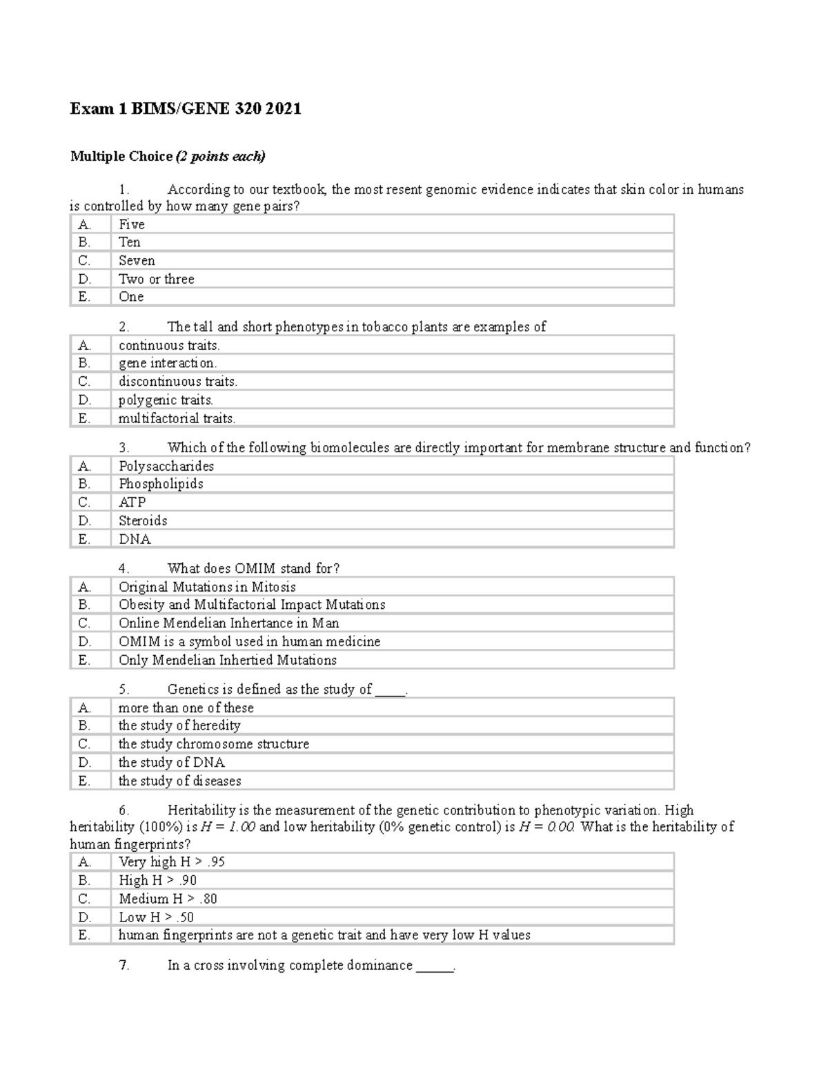 Exam 1 practice - GENE 320 - TAMU - Studocu