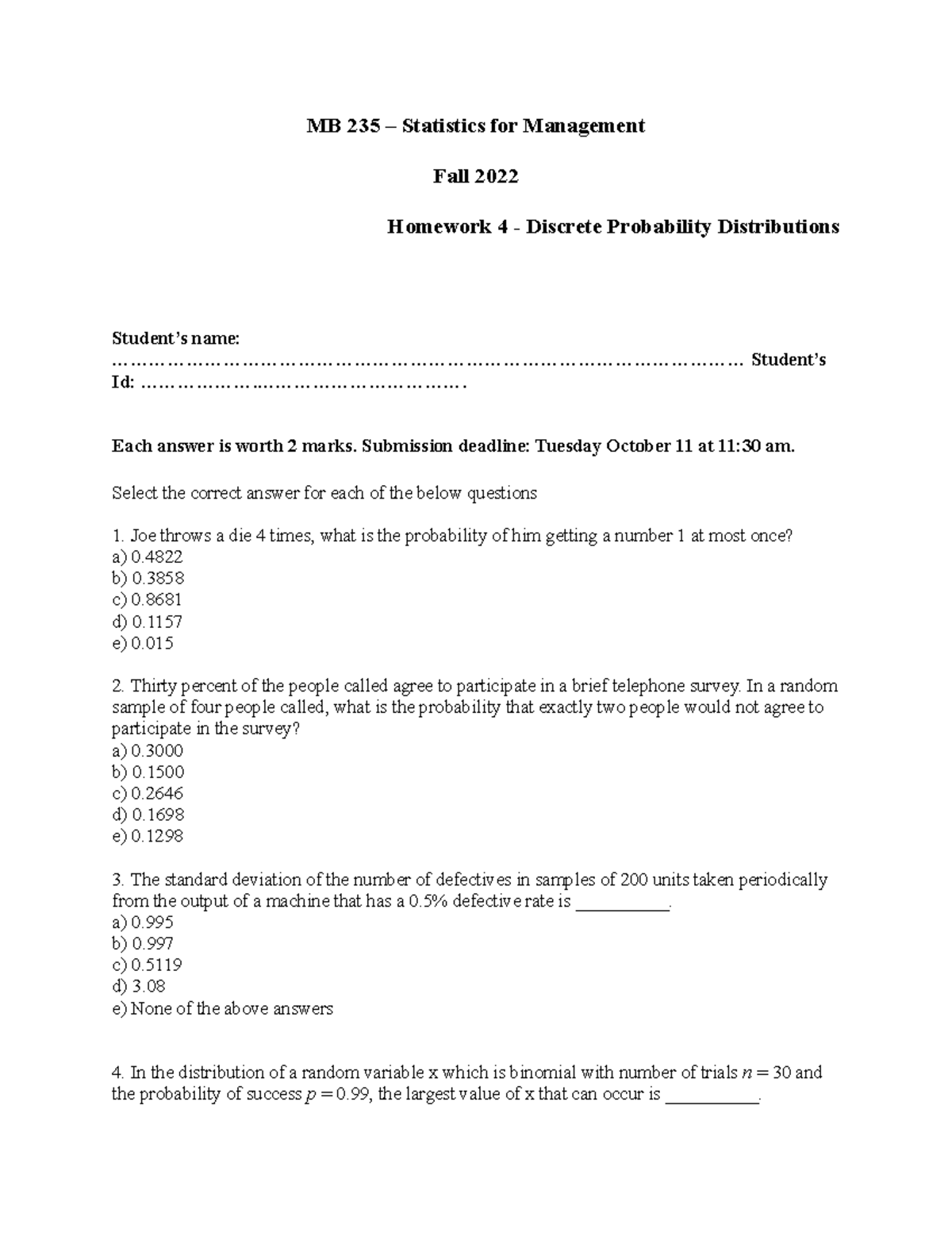MB 235 Homework 4 - MB 235 – Statistics for Management Fall 2022 ...