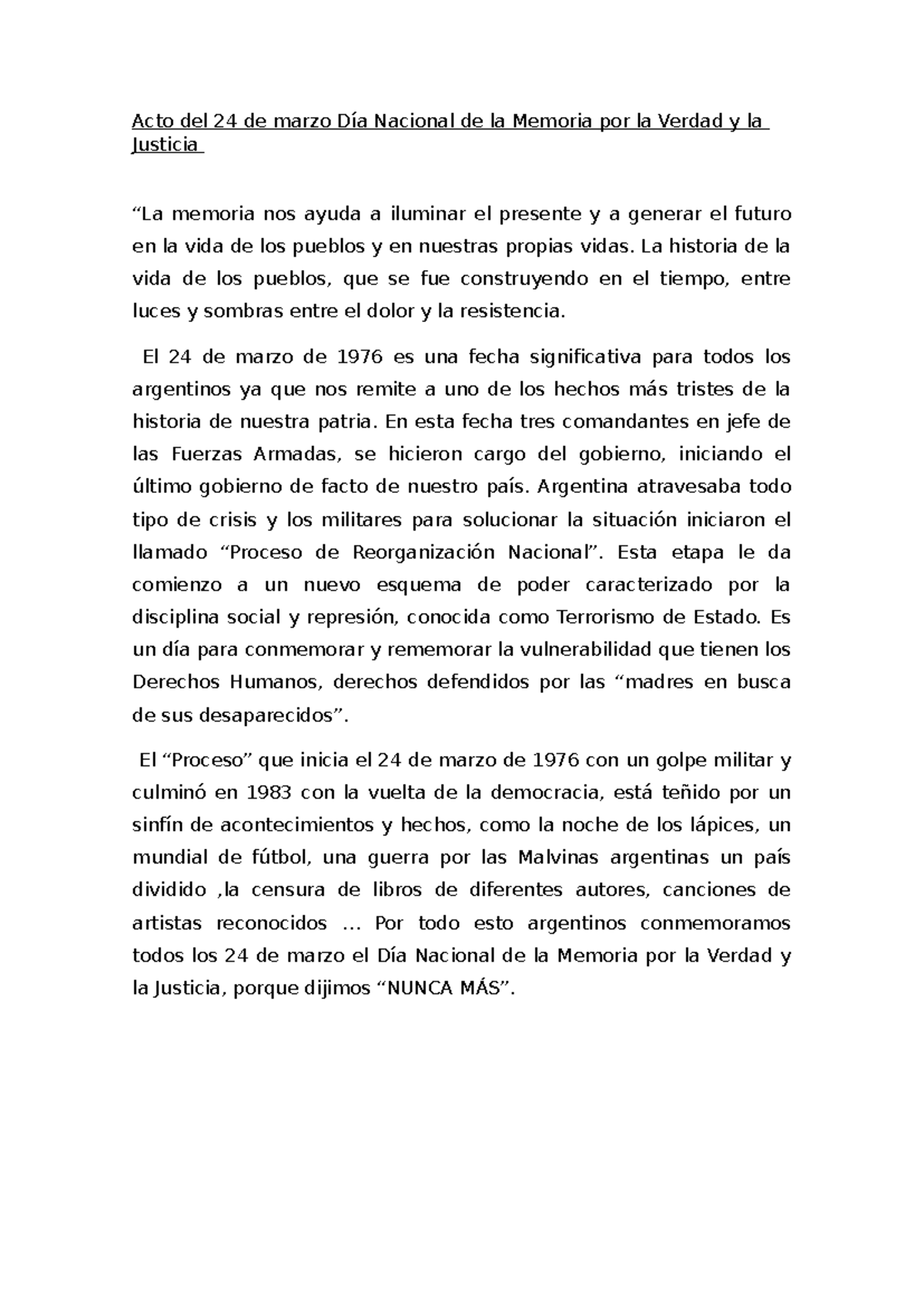 Acto del 24 de marzo Día Nacional de la Memoria por la Verdad y la ...