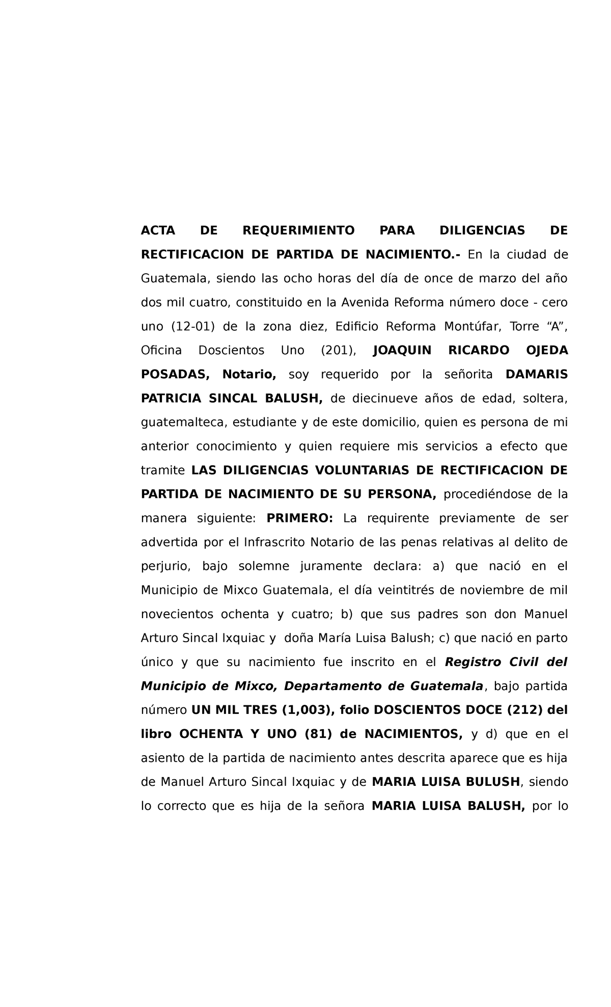 Acta De Requerimiento Rectificación De Partida Damaris Sincal Acta De Requerimiento Para 4570