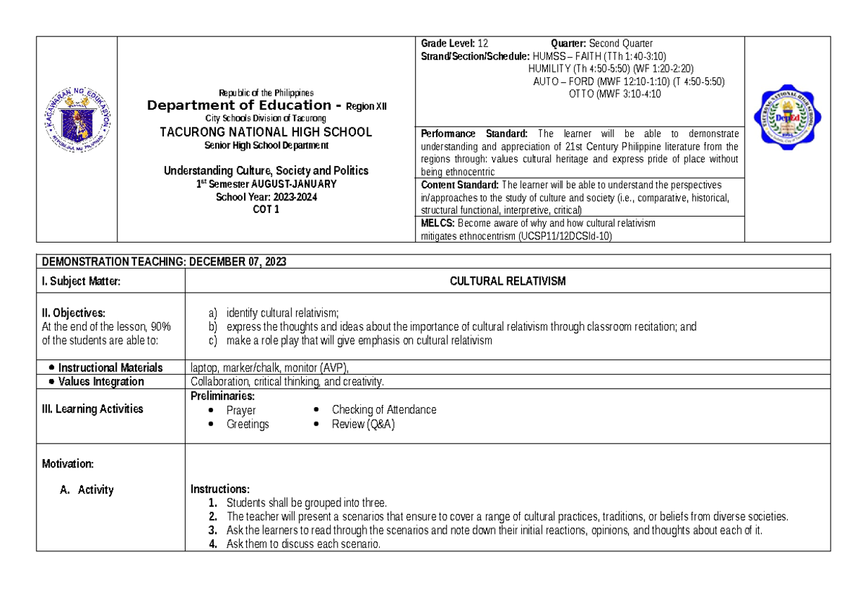 lesson plan, rubrics - Republic of the Philippines Department of ...