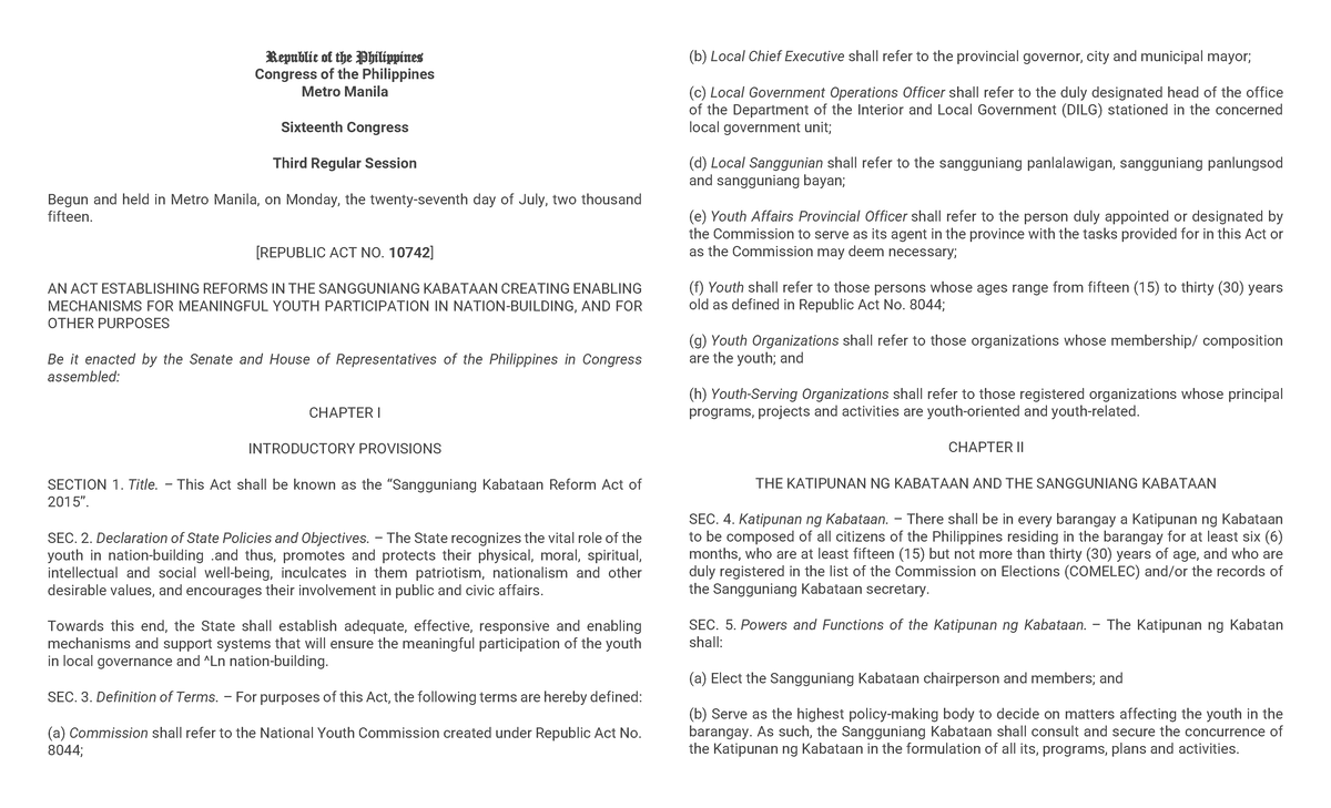 RA10742 - Republic of the Philippines Congress of the Philippines Metro ...