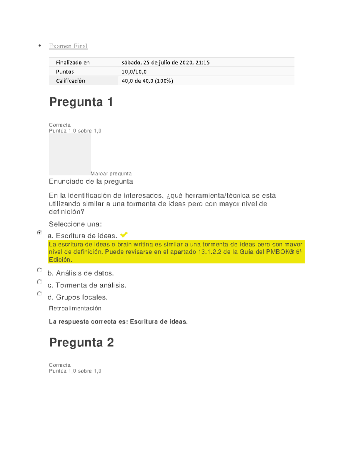 Gestion De Proyectos 2 - Examen Final - • Examen Final Finalizado En ...