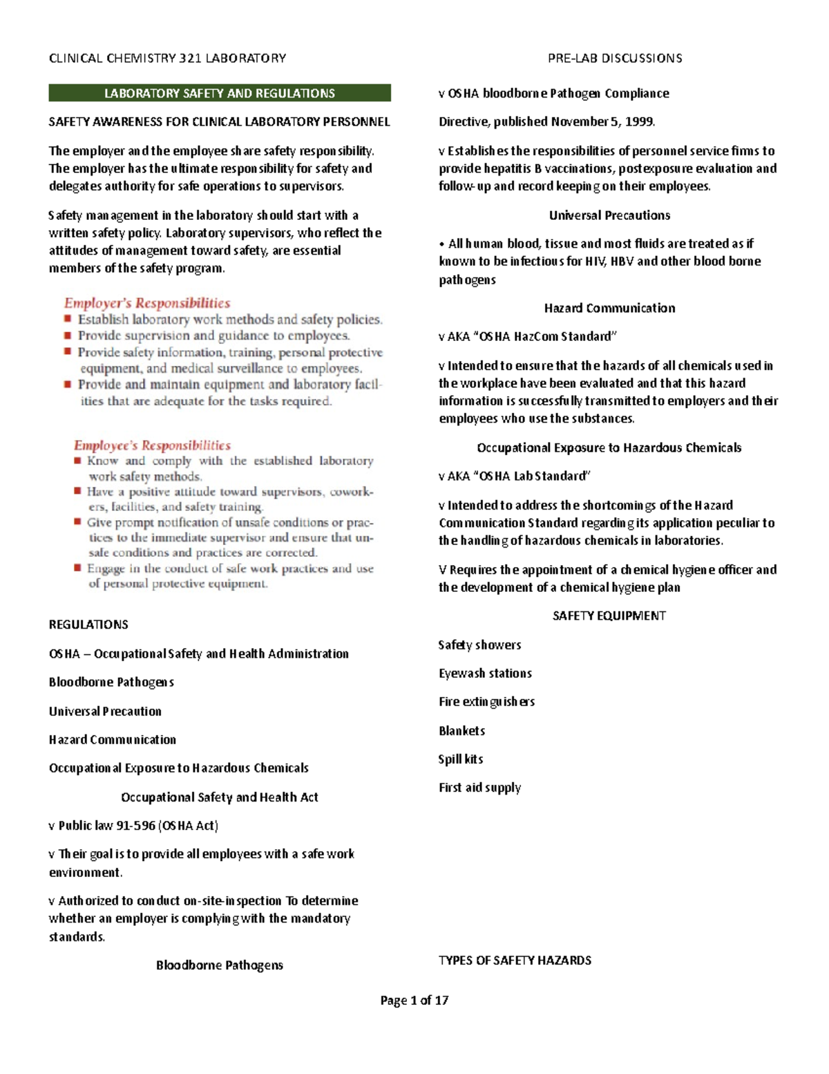 CCHM321 PRE-LAB - pre laboratory discussions - LABORATORY SAFETY AND ...