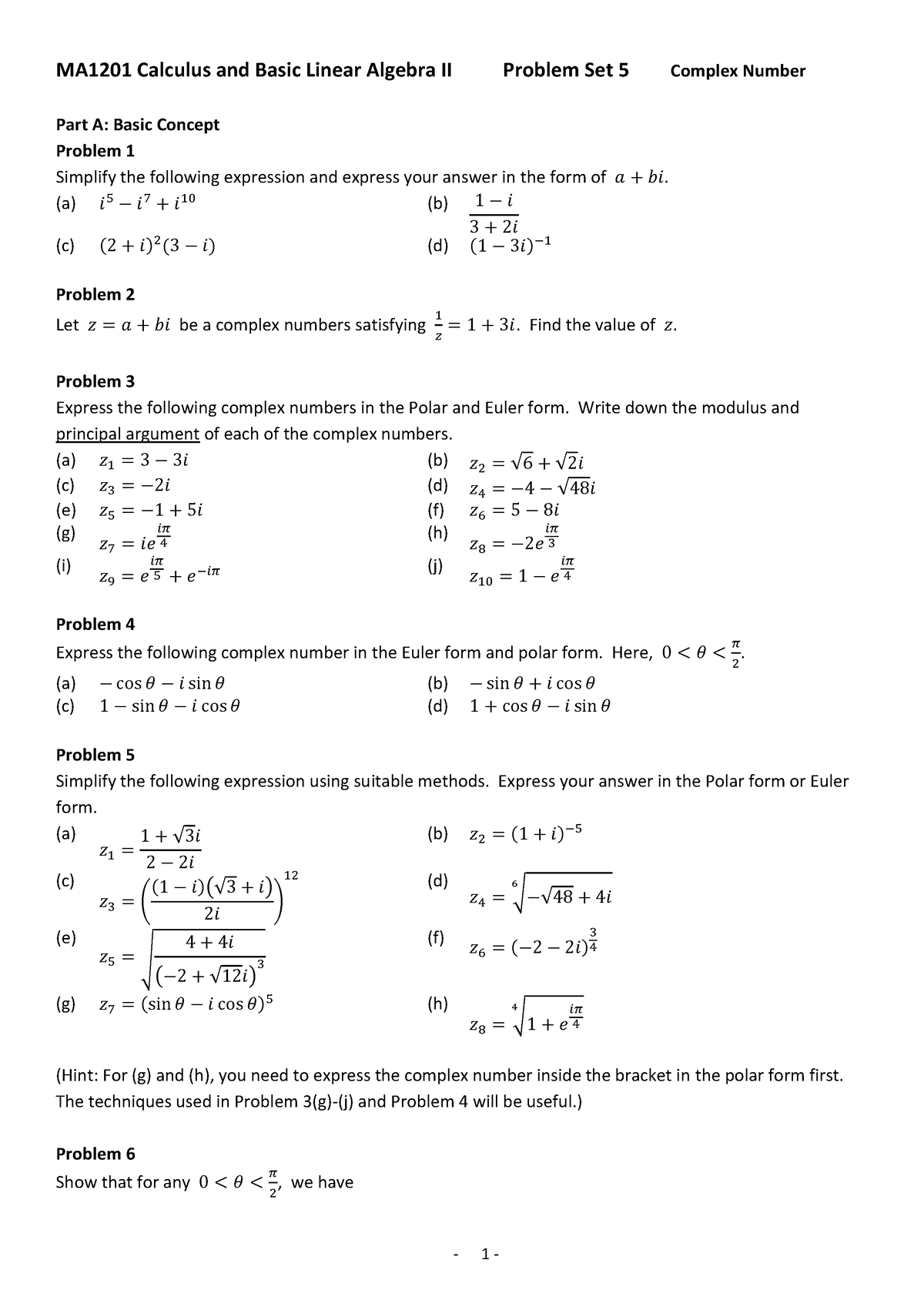 P5Complex Numbera 13 - Practice 5 - 1 - MA1201 Calculus And Basic ...