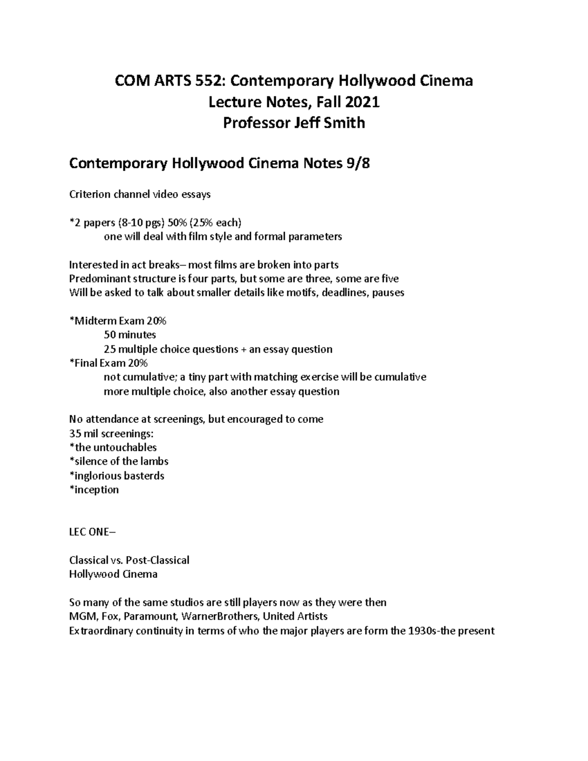 Com Arts 552 Contemporary Hollywood Cinema Notes - COM ARTS 552 ...