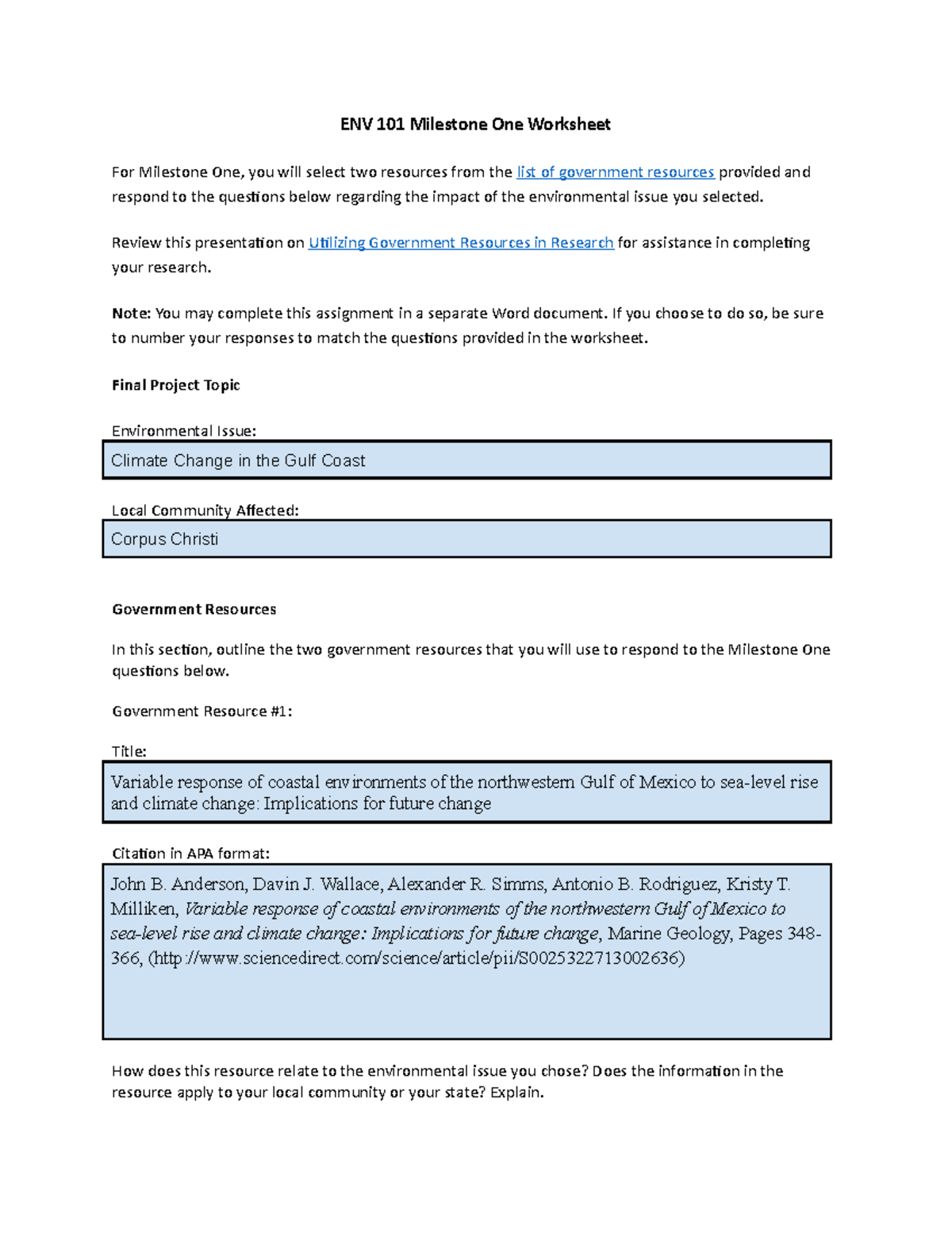 ENV 101 Milestone One Worksheet - ENV 101 Milestone One Worksheet For ...