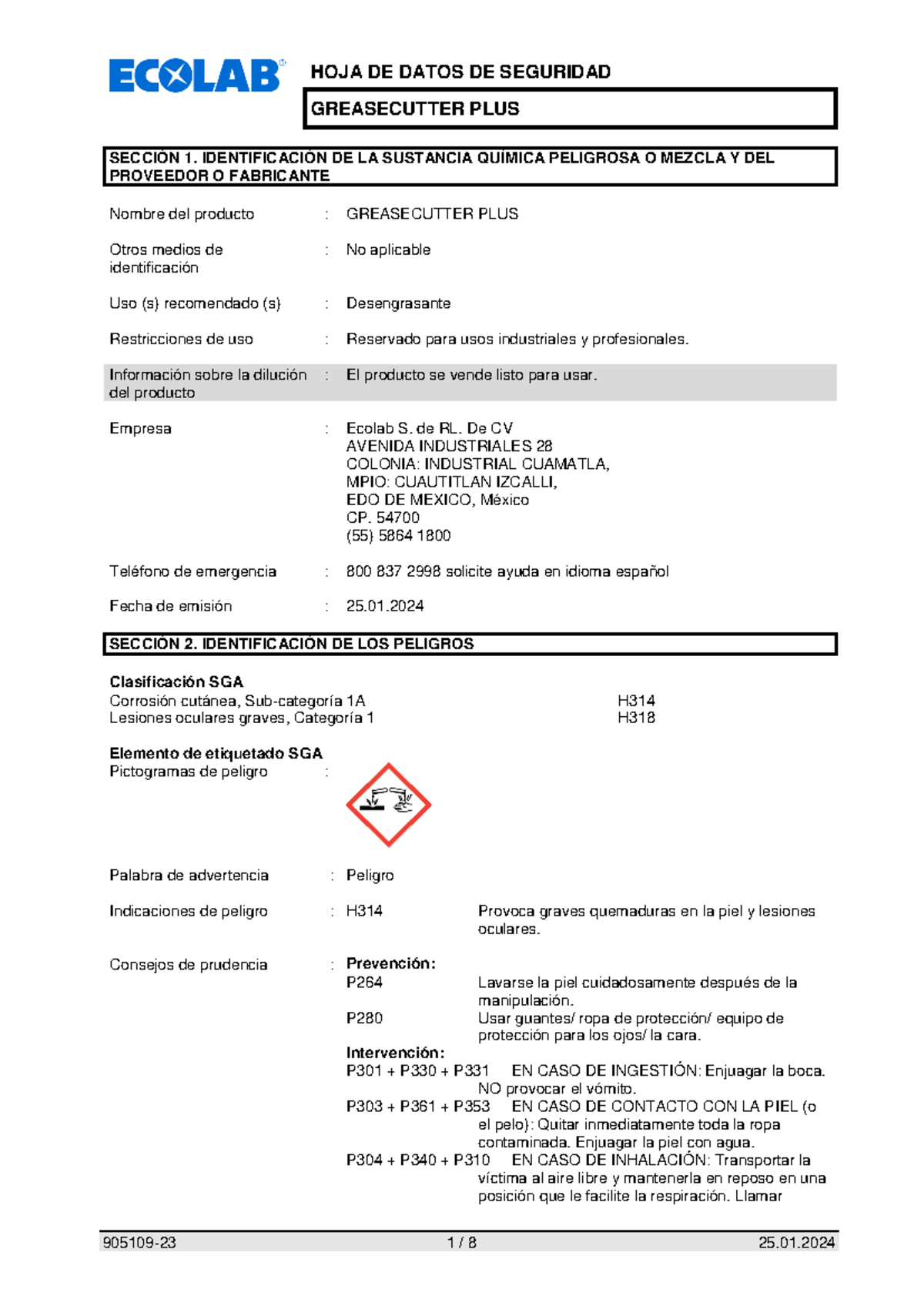 Greasecutter PLUS ecolab GREASECUTTER PLUS SECCIÓN 1. IDENTIFICACIÓN