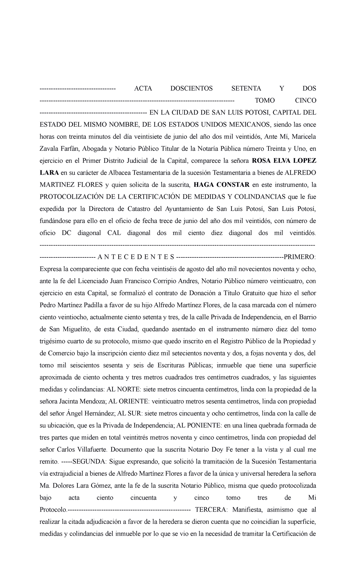 Alfredo Martinez Flores Testimonio ACTA DOSCIENTOS SETENTA Y DOS