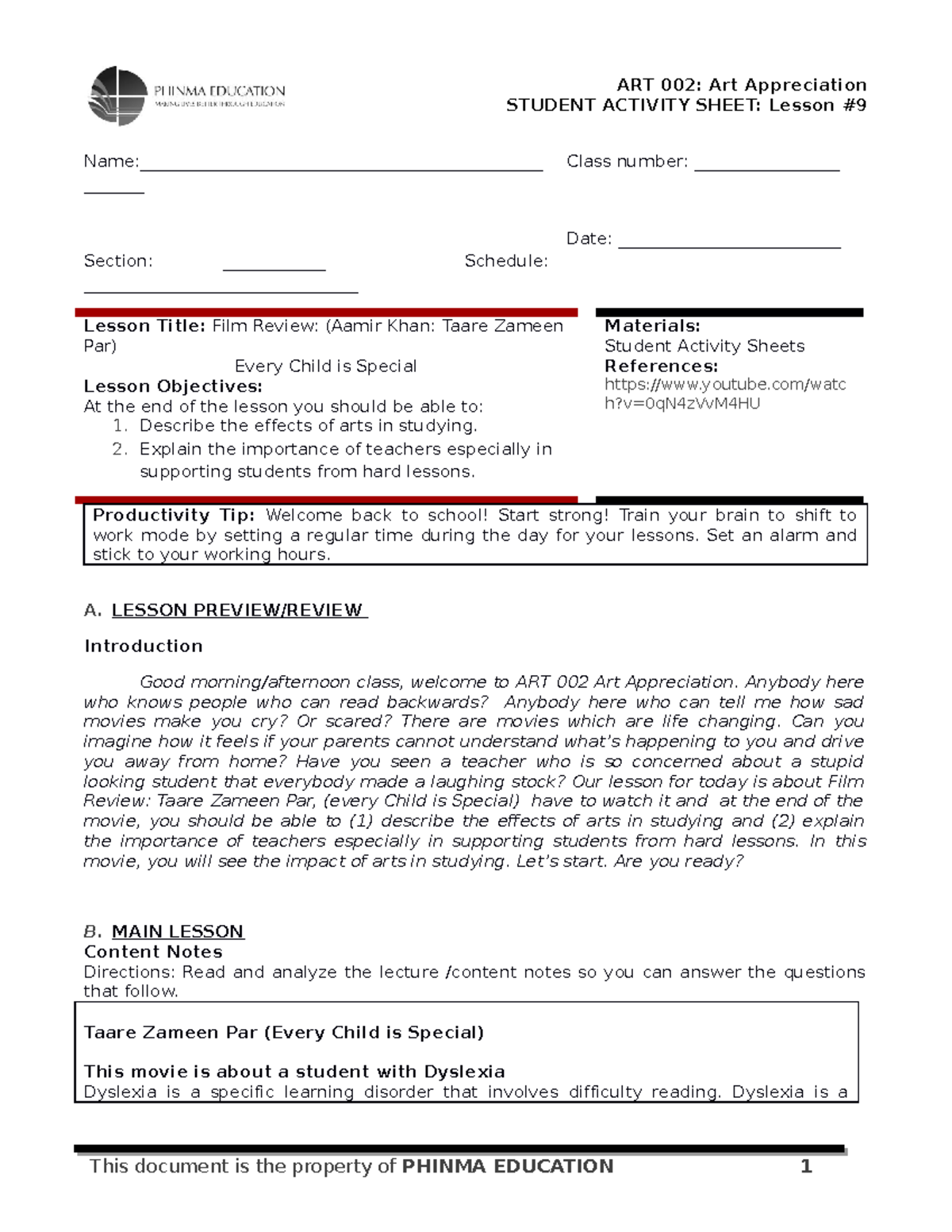 ART 002- Lesson 9 SAS - Module - STUDENT ACTIVITY SHEET: Lesson # - Studocu
