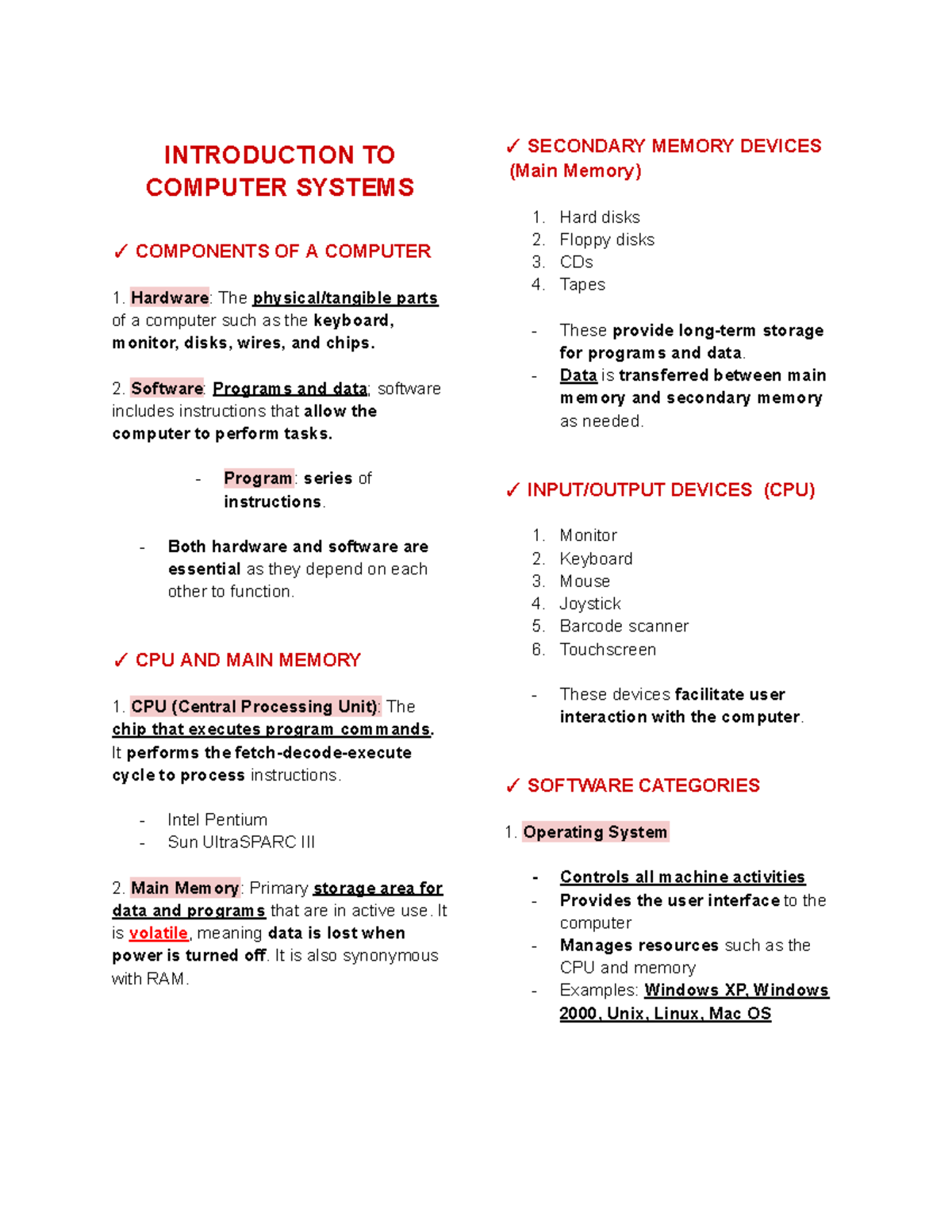 COE103 Reviewer ( Prelim) INTRODUCTION TO COMPUTER SYSTEMS COMPONENTS