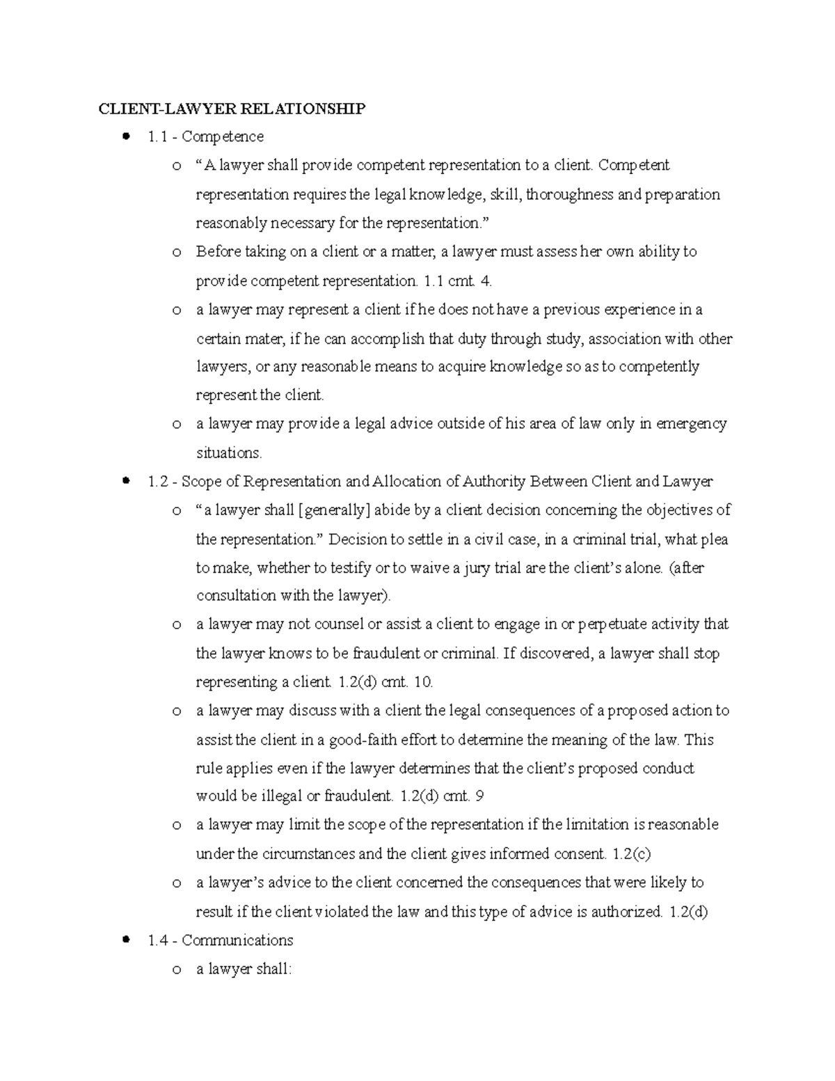 Legal Profession Outline - CLIENT-LAWYER RELATIONSHIP 1 - Competence o ...
