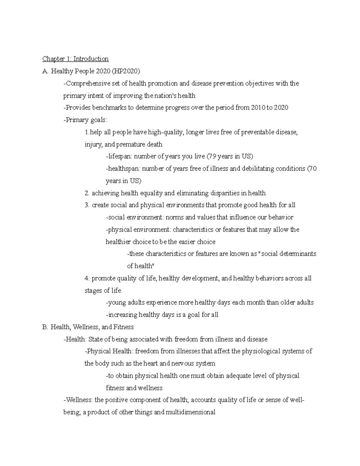 EXSC 191 study guide for exam 1 - Chapter 1: Introduction A. Healthy ...