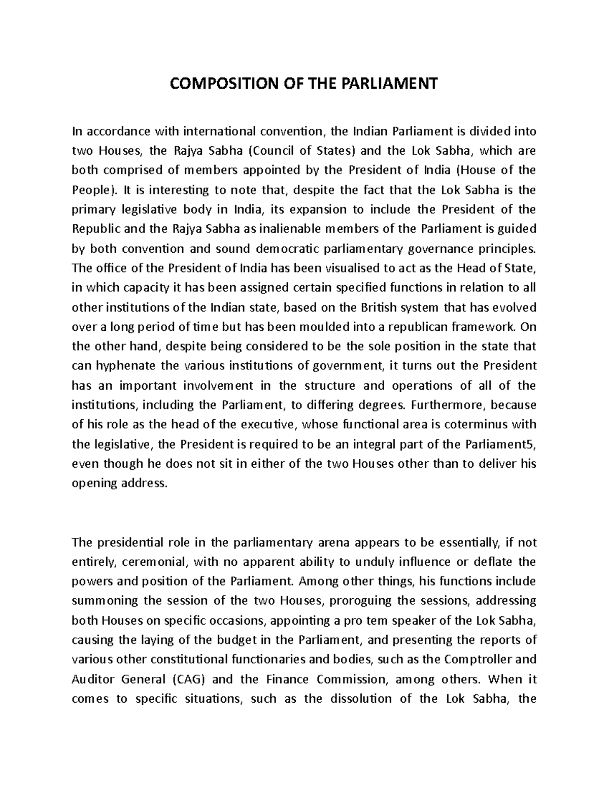 Composition OF THE Parliament COMPOSITION OF THE PARLIAMENT In