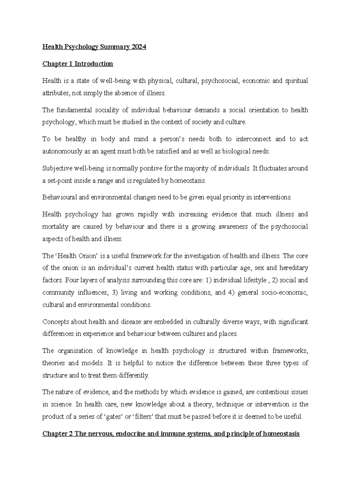 Health Psychology Summary 2024 - The fundamental sociality of ...