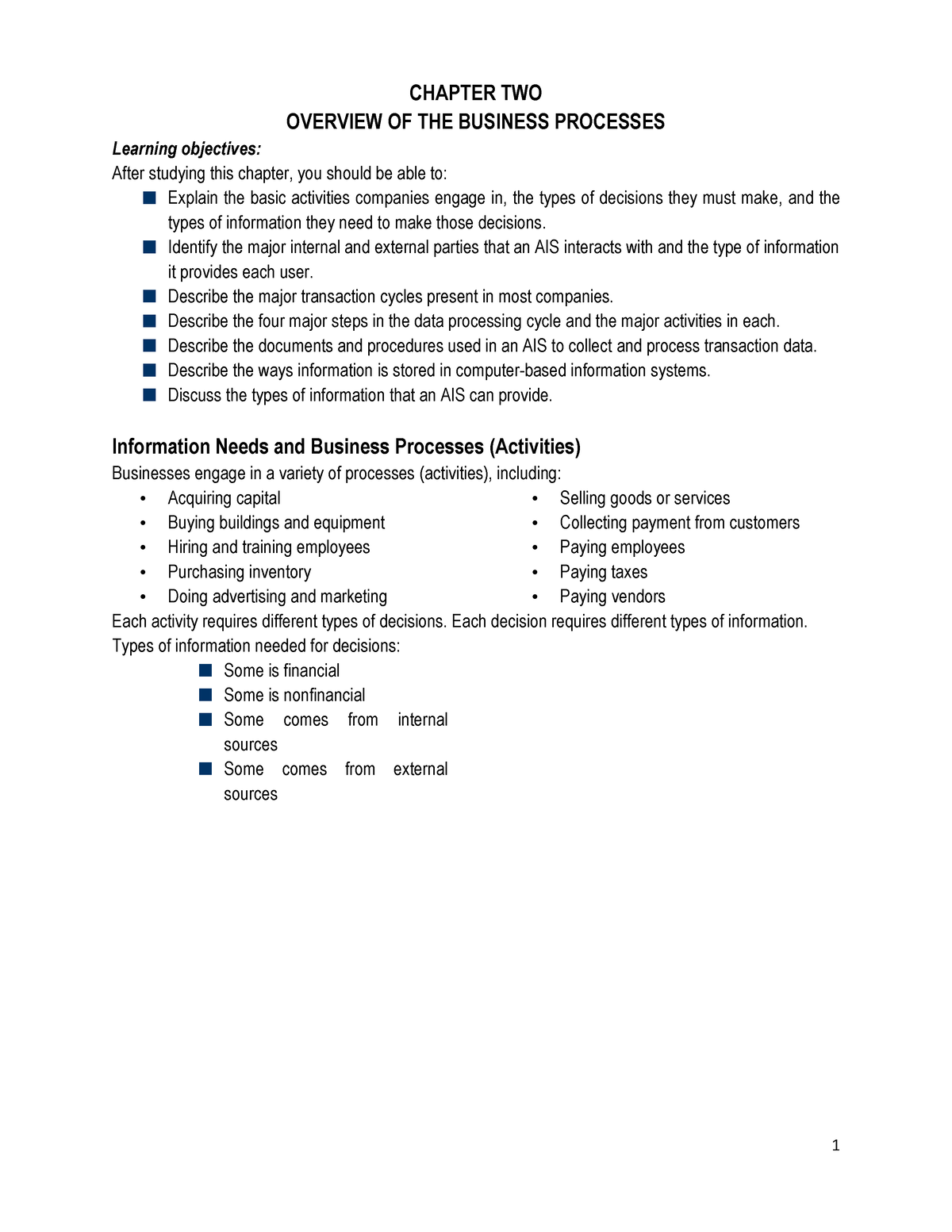 AIS Chapter 2 Overview OF THE Business Processes - CHAPTER TWO OVERVIEW ...